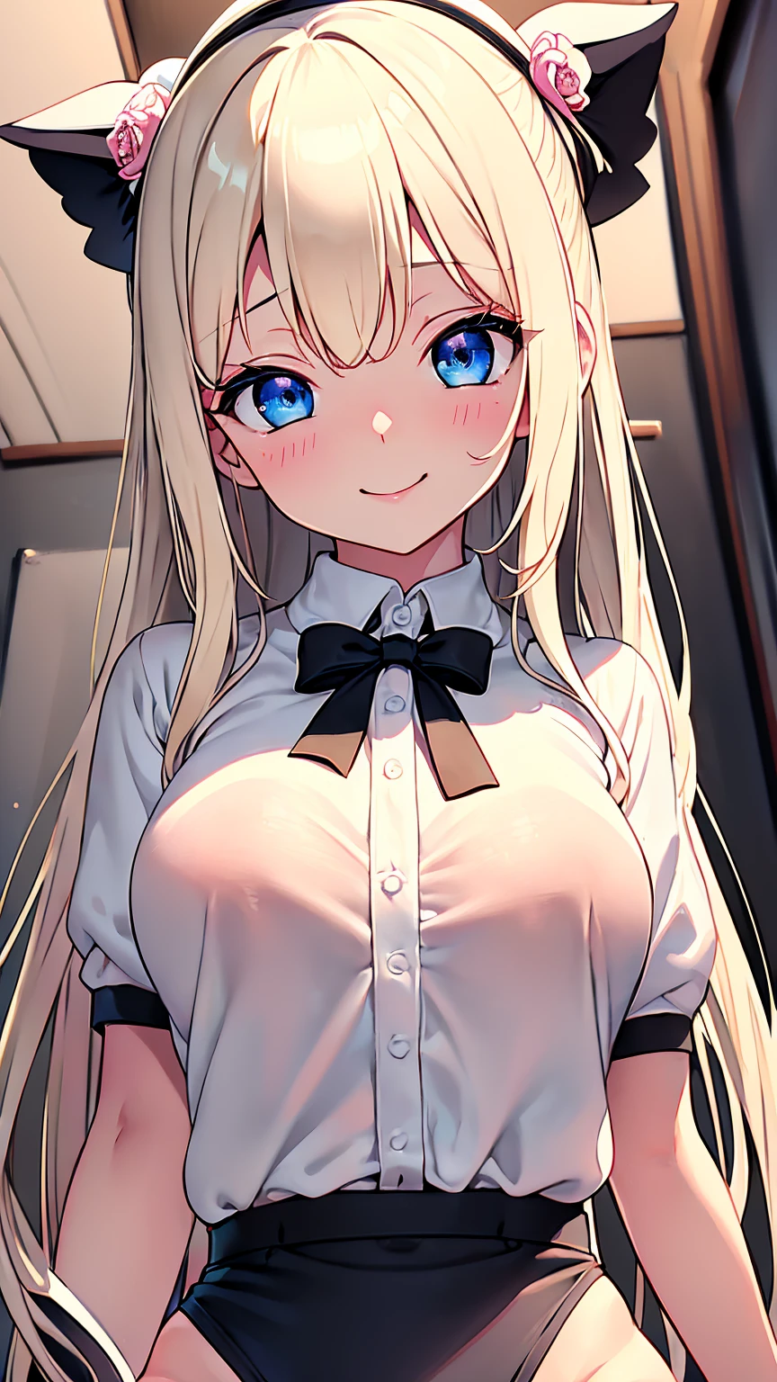 Highest quality,masterpiece,masterpiece portrait,Upper Body,　Blonde、Blue Eyes、Pink lips、、White shirt、Black Ribbon、Sexy atmosphere、cartoonist、(((Slightly erotic)))、、smile、Anime Style、Beauty、Her background is monochrome black、(((Front view)))、Looking up,oil