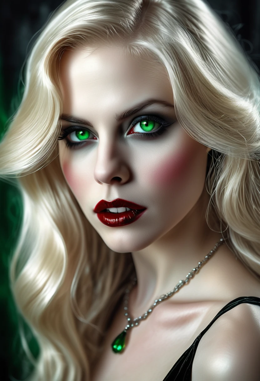 ((a photorealistic portrait of an exquisite, glamour female vampire: 1.5)) , pale face, blond hair, long vibrant shiny hair, glamorous hair, emerald green eyes, deep penetrating eyes, red lips, lustful lips, ((two vampiric fangs: 1.5)), (drops of blood dripping from the mouth: 1.3), ((1920's style: 1.5)), a sense of darkness, a sense of mystery, (highest quality:1.2, Very detailed, up to date, Vibrant, Ultra-high resolution, High Contrast, masterpiece:1.2, highest quality, Best aesthetics), best details, best quality, highres, ultra wide angle, 16k, [ultra detailed], masterpiece, best quality, (extremely detailed), Genetically modified..., Cinematic Hollywood Film, traditional watercolor painting
