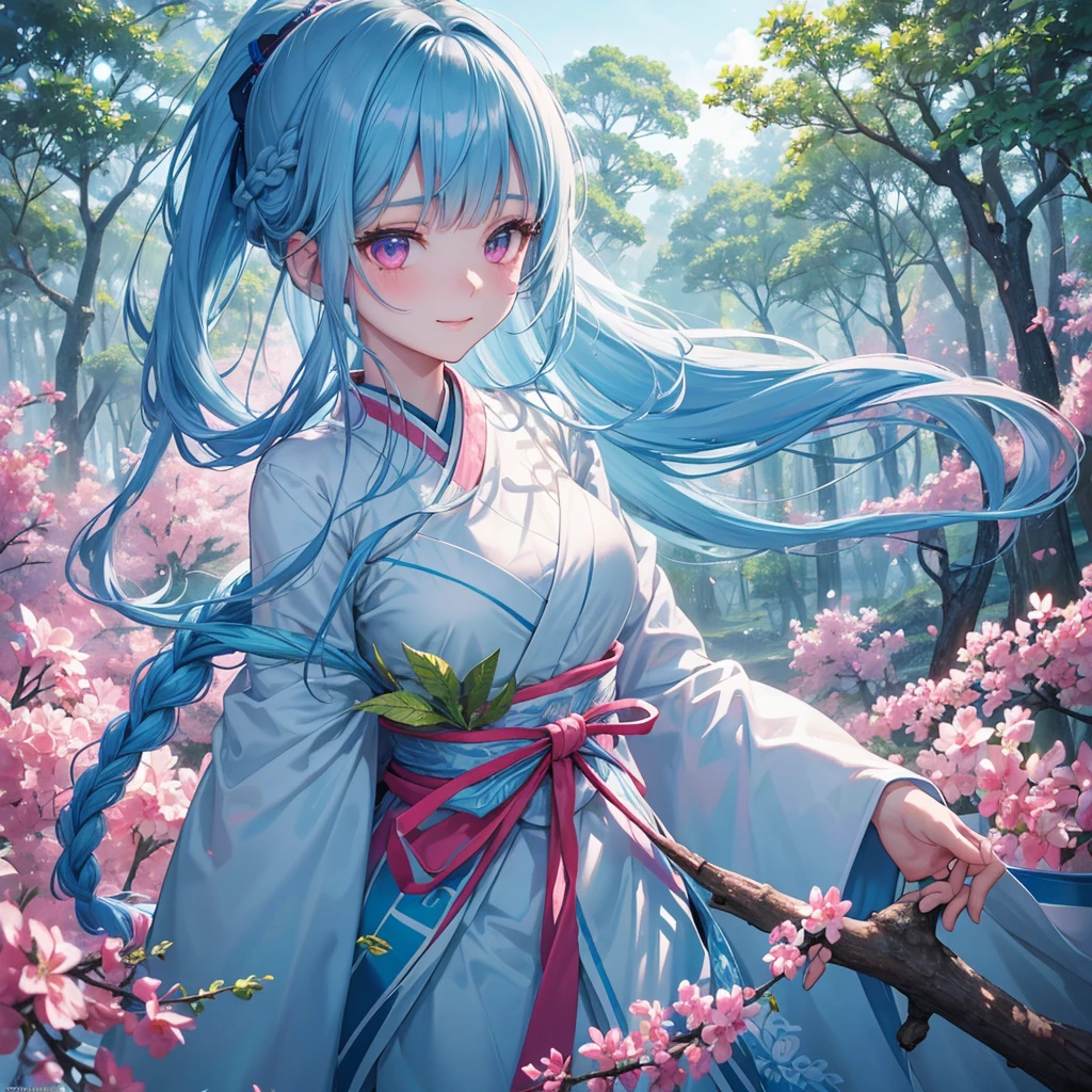 sky Blue hair, (braided ponytail),(pink eyes),fair skin ,(full body),1 girl,happy smile,white red kimono,Fresh green forest,Forest Goddess,Straight Bangs,(masterpiece, best quality, ultra-detailed, best shadow), (detailed background), (beautiful detailed face), high contrast, (best illumination, an extremely delicate and beautiful), ((cinematic light)), colorful, hyper detail, dramatic light, intricate details,guardian of the forest,Leaf Blizzard,