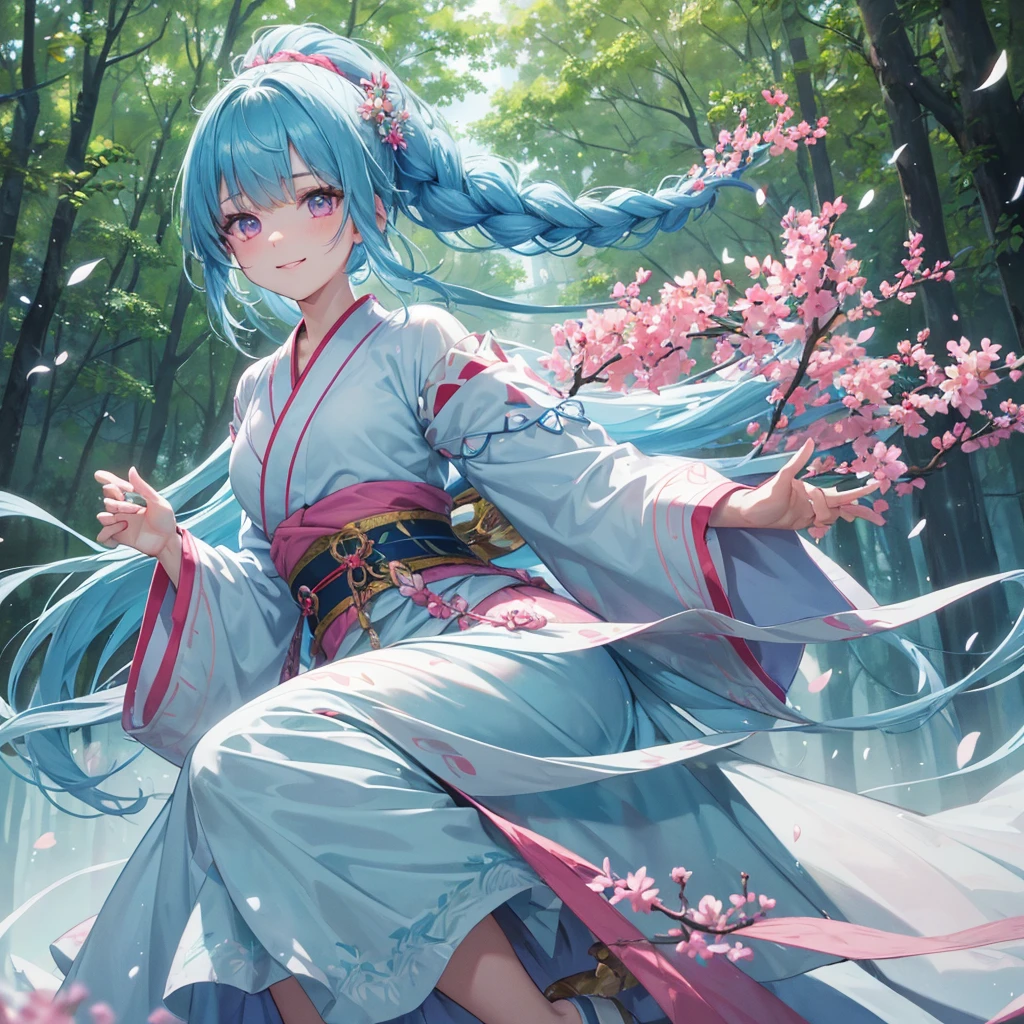 sky Blue hair, (braided ponytail),(pink eyes),fair skin ,(full body),1 girl,happy smile,white red kimono,Fresh green forest,Forest Goddess,Straight Bangs,(masterpiece, best quality, ultra-detailed, best shadow), (detailed background), (beautiful detailed face), high contrast, (best illumination, an extremely delicate and beautiful), ((cinematic light)), colorful, hyper detail, dramatic light, intricate details,guardian of the forest,Leaf Blizzard,