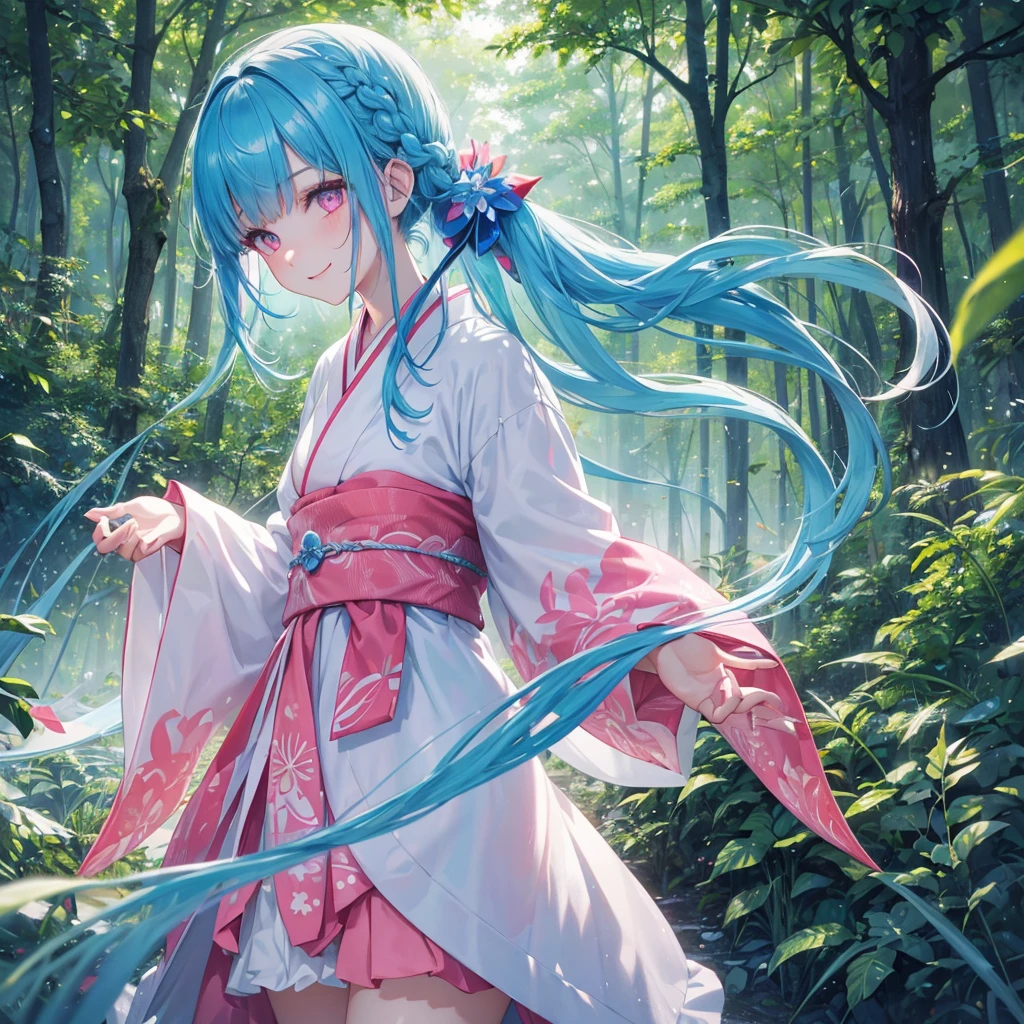 sky Blue hair, (braided ponytail),(pink eyes),fair skin ,(full body),1 girl,happy smile,white red kimono,Fresh green forest,Forest Goddess,Straight Bangs,(masterpiece, best quality, ultra-detailed, best shadow), (detailed background), (beautiful detailed face), high contrast, (best illumination, an extremely delicate and beautiful), ((cinematic light)), colorful, hyper detail, dramatic light, intricate details,guardian of the forest,Leaf Blizzard,