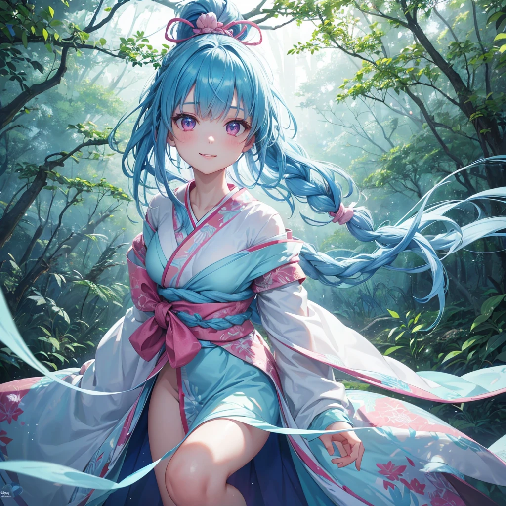 sky Blue hair, (braided ponytail),(pink eyes),fair skin ,(full body),1 girl,happy smile,white red kimono,Fresh green forest,Forest Goddess,Straight Bangs,(masterpiece, best quality, ultra-detailed, best shadow), (detailed background), (beautiful detailed face), high contrast, (best illumination, an extremely delicate and beautiful), ((cinematic light)), colorful, hyper detail, dramatic light, intricate details,guardian of the forest,Leaf Blizzard,