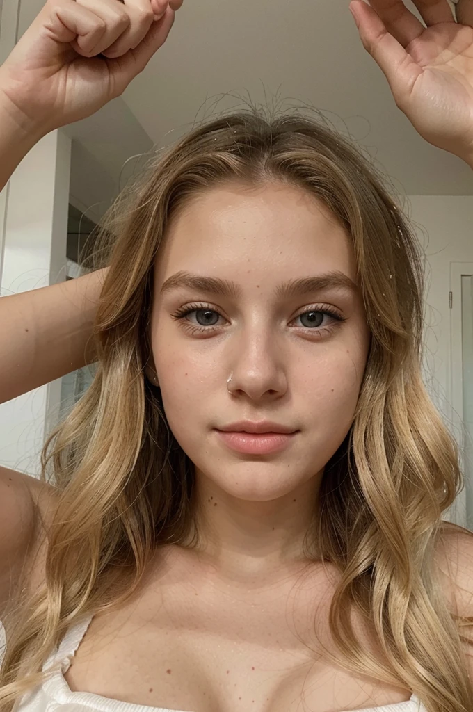 a selfie of beautiful elegant 18-year-old blonde girl, long hair, beautiful, big natural, cute face, semi-transparent top, nose piercing