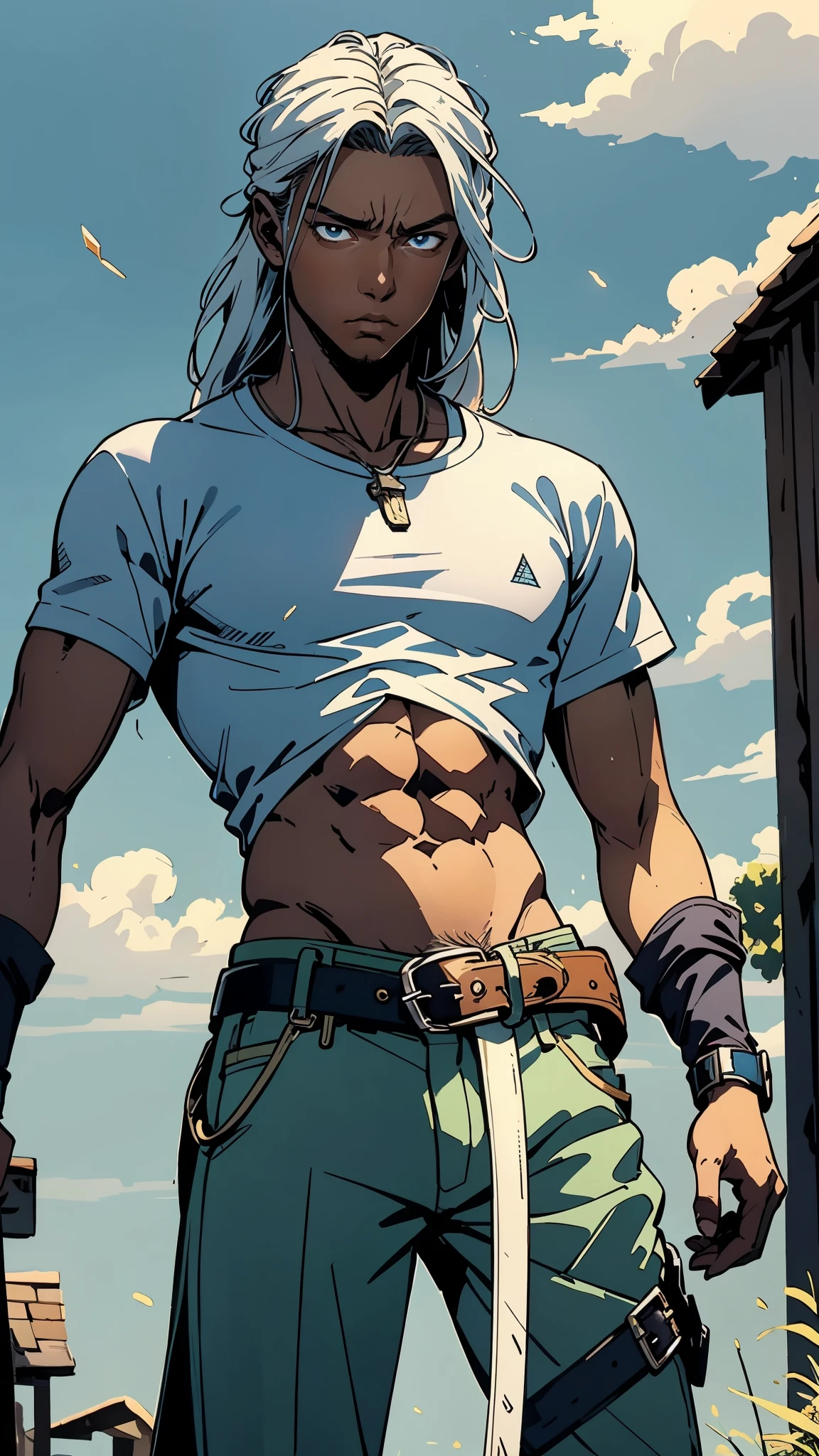 A young man with long white dreadlocks, dark skin, a melancholic expression, drooping eyelids and eyebrows, a lean face, a thin yet sturdy build, a tattered and ill-fitting light blue fantasy-style adventurer's shirt with short sleeves, revealing his abs, a silver breastplate on his left chest, a large sword is strapped to his back, a yellow belt, white coarse cloth trousers, stands nervously in a fantasy-style western town, this character embodies a finely crafted fantasy-style adventurer in anime style, exquisite and mature manga art style, dramatic, high definition, best quality, highres, ultra-detailed, ultra-fine painting, extremely delicate, professional, perfect body proportions, golden ratio, anatomically correct, symmetrical face, extremely detailed eyes and face, high quality eyes, creativity, RAW photo, UHD, 32k, Natural light, cinematic lighting, masterpiece-anatomy-perfect, masterpiece:1.5