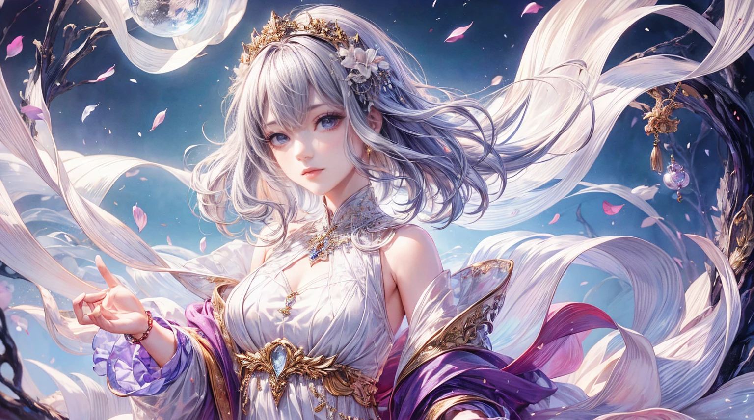 (Highest quality, 8K, CG), Beautiful and exquisite upper body, Delicate face,purplish-silver hair,Wavy Hair, Gradient Hair, Long Hair,Wearing a circlet, Purple eyes, Almond Eye, Exquisite eye makeup, 長さ eyelashes fluttering, Morning Glow, Delicate lip detail, Soft and harmonious style),Exposed shoulders, bracelet,gem,Suspended particles,Dynamic pose,By the spring in the forest ,romantic,grace,Elegance and fragility