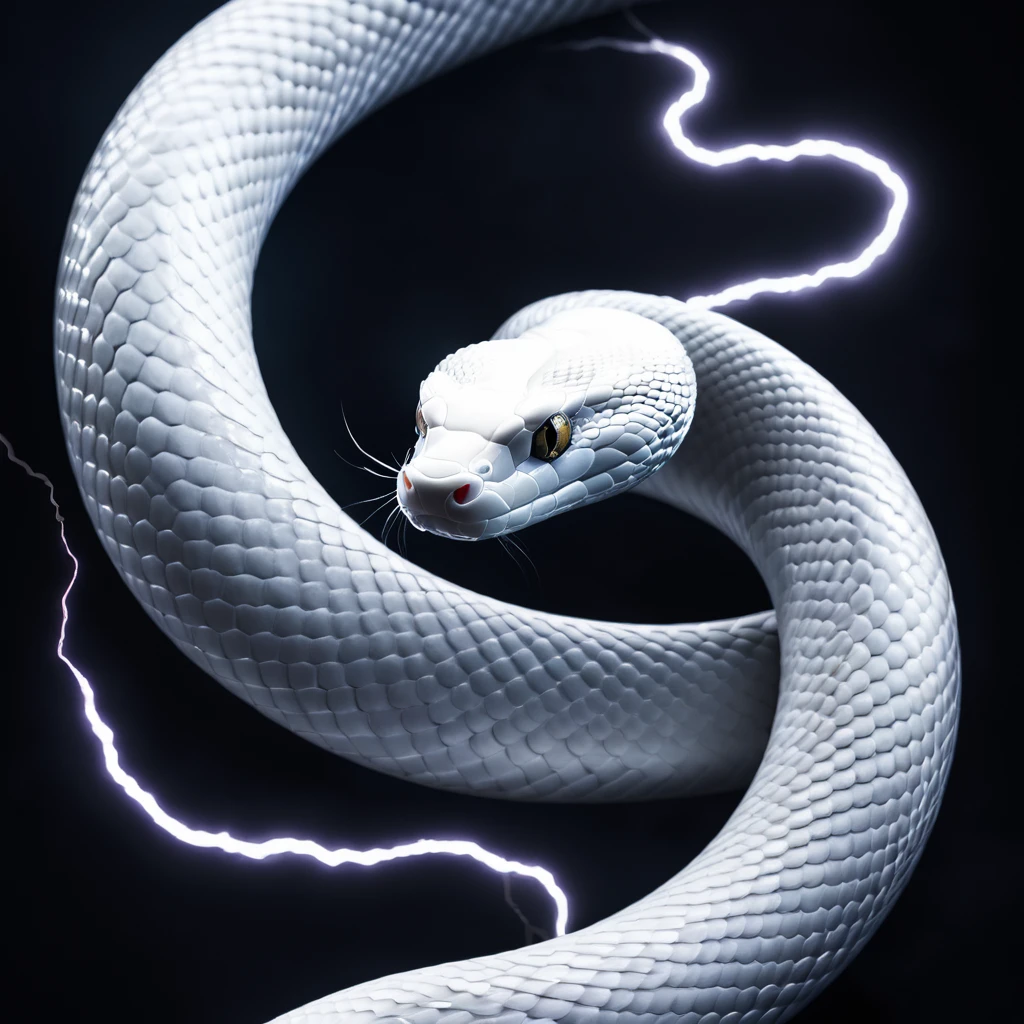 white snake, black background, cinematic lightning
