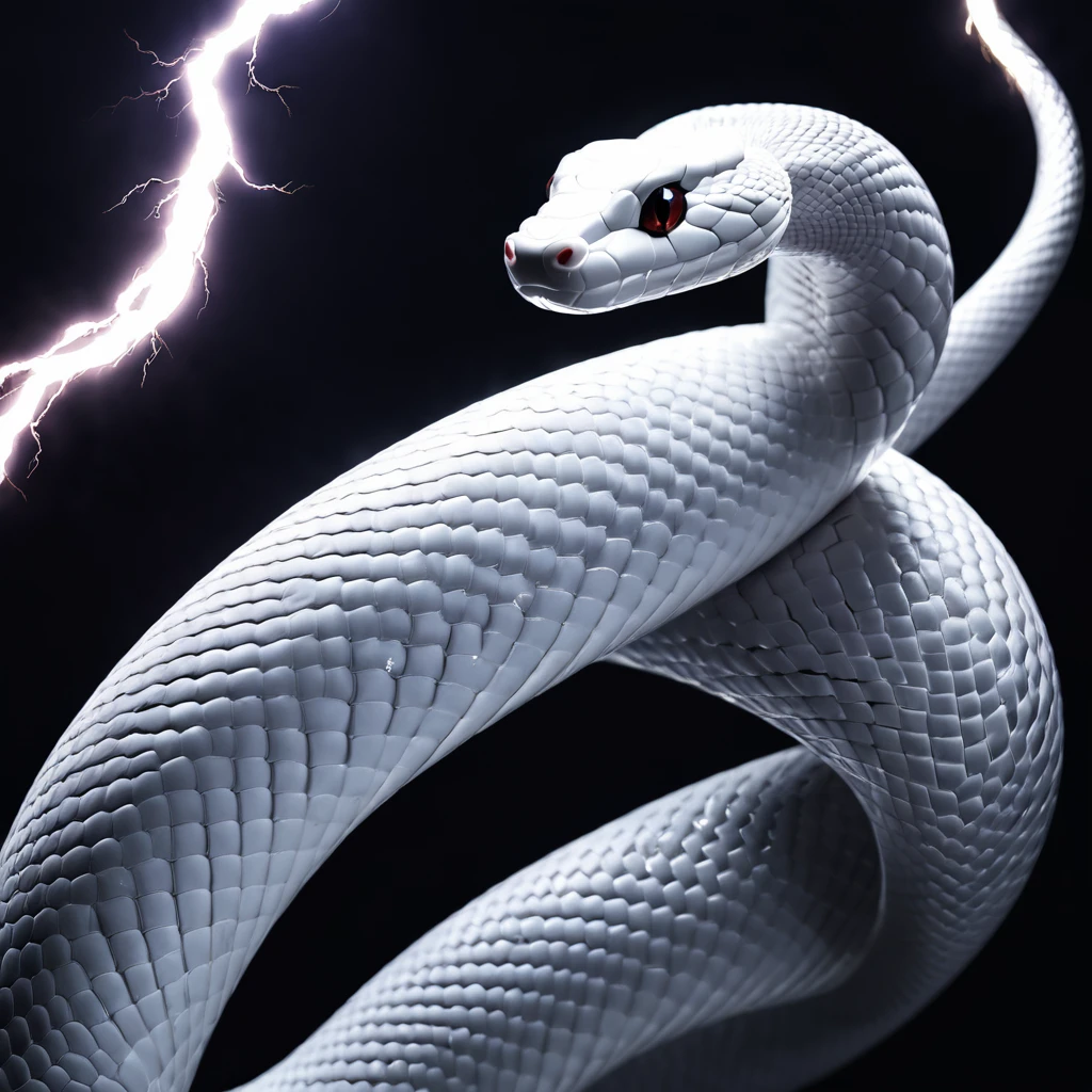 white snake, black background, cinematic lightning