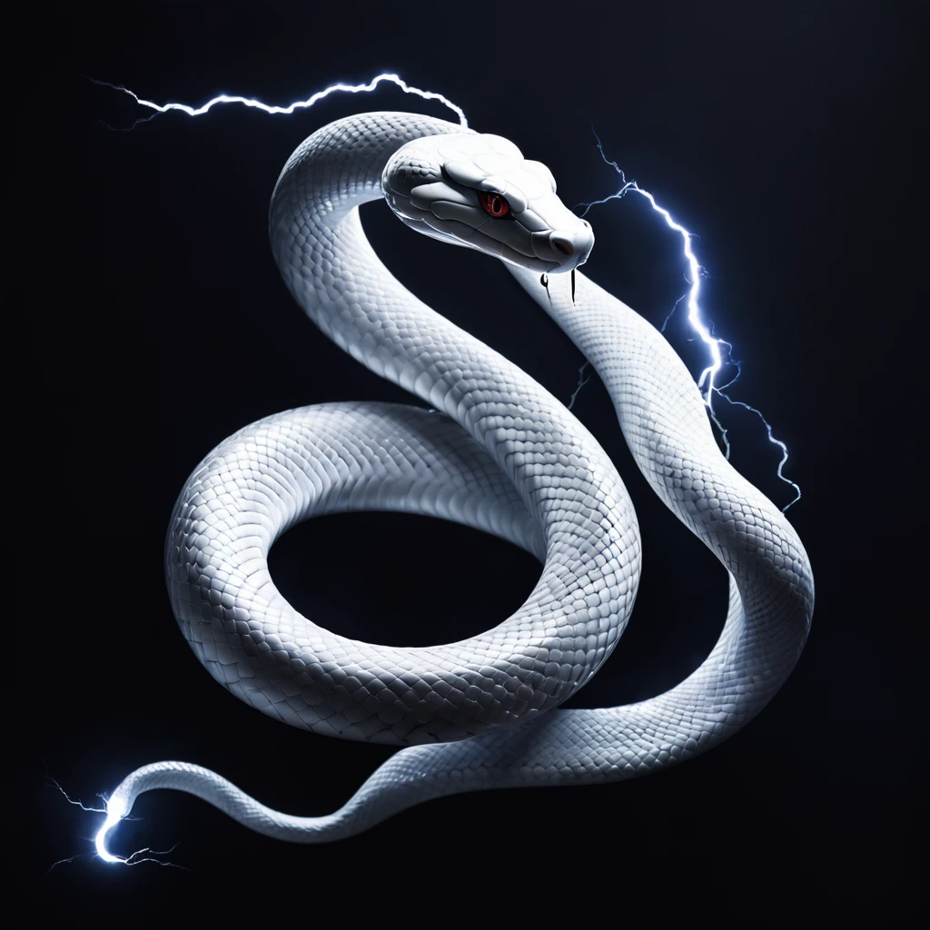 white snake, black background, cinematic lightning