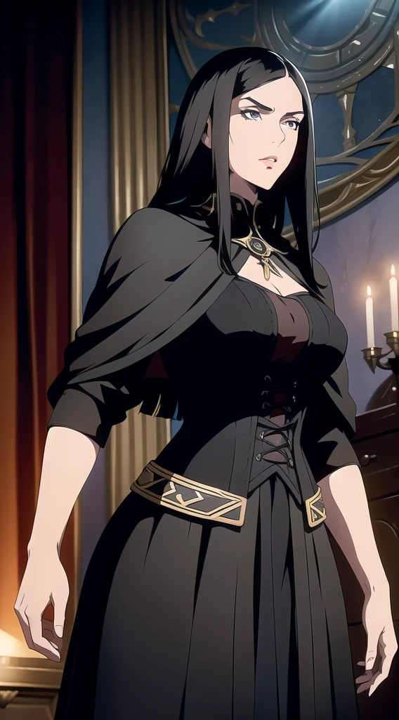 (One Person), (Masterpiece, Best Quality), (A Gorgeous 25 Years Old Female), (long straight black hair with fringe bangs above the eyebrows), (black Eyes), (Fair Skin), (Wearing women's black medieval clothing dress Outfit with and Corsets), (medieval castlevania City Road at Day), (Dynamic Pose), Centered, (Half Body Shot:1.4), From Front Shot, Insane Details, Intricate Face Detail, Intricate Hand Details, Cinematic Shot and Lighting, Realistic and Vibrant Colors, Masterpiece, Sharp Focus, Highly Detailed, Taken with DSLR camera, Depth of Field, Realistic Environment and Scene, Master Composition and Cinematography
