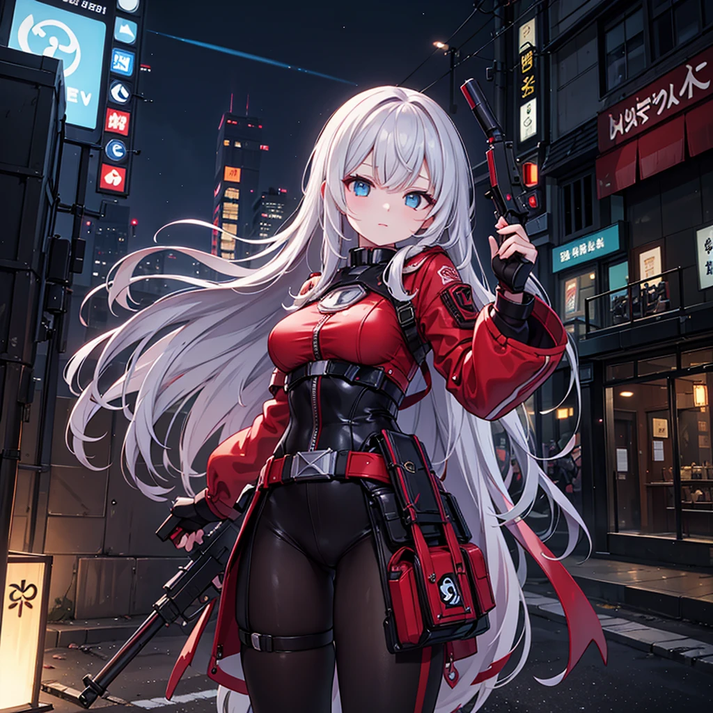 a woman with a gun on a city street, inspired by rossdraws, red waist-long hair, biomechanical , | fine detail anime, red and cyan ink, alejandro burdiso style art, (neotokyo), g liulian art style, :8, perfect android girl family