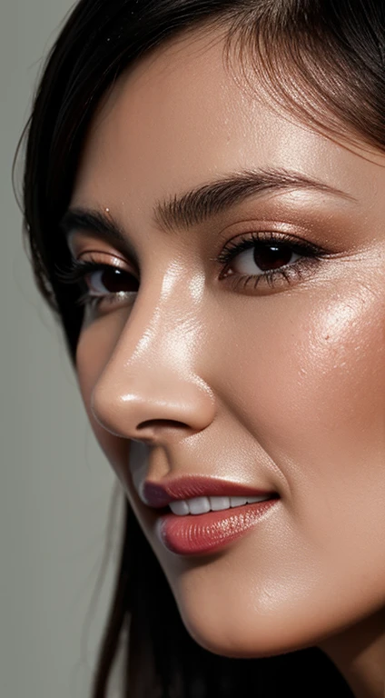 (photo Realistic:1.4), (hyper Realistic:1.4), (Realistic:1.3), (High resolution,High resolution,Sharp focus,8K)(Keep your eyes focused, Nose and mouth,Face Focus,),Age 35、Black-haired、Shiny skin、Face close-up,Low - Angle:1.5,(Realistic nostrils)、Pore regeneration、profile、One Girl、Open your mouth,super wet skin,pores