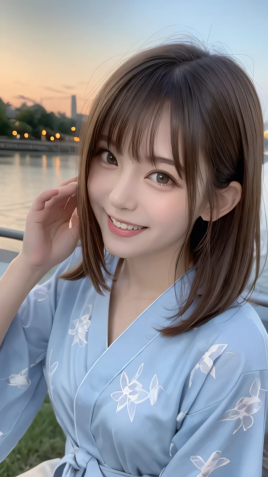 closeup shot , Best picture quality (8K, high resolution, Masterpiece: 1.2), super detailed,  215 Short Hair, 16-year-old woman, 

situation: Waiting for the fireworks to start on the riverbank at dusk、Enjoying a picnic with friends and family。
clothing: Brightly colored yukata、band、can。Hair is upstyled、Wear a hair accessory that matches your yukata。
angle: With a riverside landscape in the background、Photographing a yukata from a wide angle。Relaxing on a picnic sheet、Close-up of a friend laughing together。The evening sky slowly々It gets dark、Reflecting the sense of anticipation as the fireworks begin。

Close-up of face 

, random cute pose ,big eyes ,Puffy eyes ,  Heart Pupil, blush  , huge shy smile , salute

