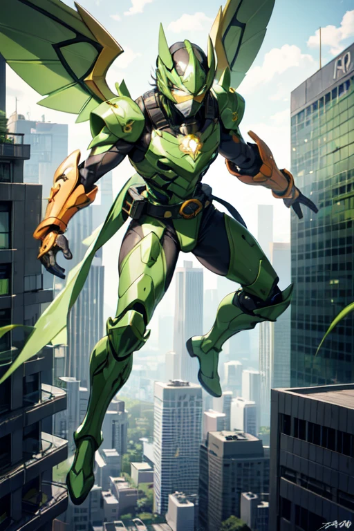 ((best quality)), ((masterpiece)), (detailed), 1 male, full body, 25 years old, masked, lemon green mask covering his entire head, smooth head, mask covering his mouth, 1 small crest on his head, oxygen mask, gas mask, angry expression, black collar, tall and strong, very athletic, green fly wings, grey details, green fingerless gloves, green wrist guards, lemon green nanotech suit resembling light armor, lemon green chest with an emblem, orange fly emblem on his chest, orange emblem, green pants, green knee pads, metallic green boots, orange superhero belt, flying around a building, city background, anime