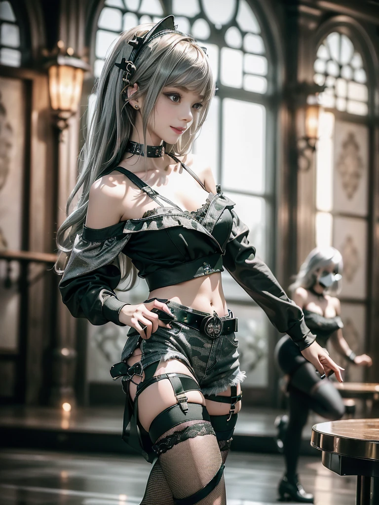 (Side view:1.1)、(Beautiful skin, lips and nose:1.4)、(Smiling with teeth showing:1.3),(Fashion Model:1.5)、(Gothic ta delicately decorated battle uniform:1.5)、(Moss green off-shoulder hoodie:1.5)、(Black, silver and white shorts:1.4)、(denim garter belt:1.5)、(Black and camouflage knee socks:1.3)、(Skull Silver Accessories:1.5)、(Lace collar:1.3)、(Brown Skin Belt:1.4)、(Brown boots:1.2)、(Underwear has polka dots:1.4)、23 years old、((Highest quality、In 8K、masterpiece:1.3))、Sharp focus:1.2、(Layered Cut、Huge boobs:1.1),Beautiful woman with perfect figure:1.4、(Dancing vigorously:1.3)、Slender Abs:1.2、Highly detailed face and skin texture、Detailed eyes、double eyelid,(Bob Hair:1.3)、(Brown-golden hair:1.3)、Gravure idol、(The background is a luxurious dance hall.:1.3)、(Slim Body:1.2),(Make your legs thinner:1.4),(clavicle:1.1)