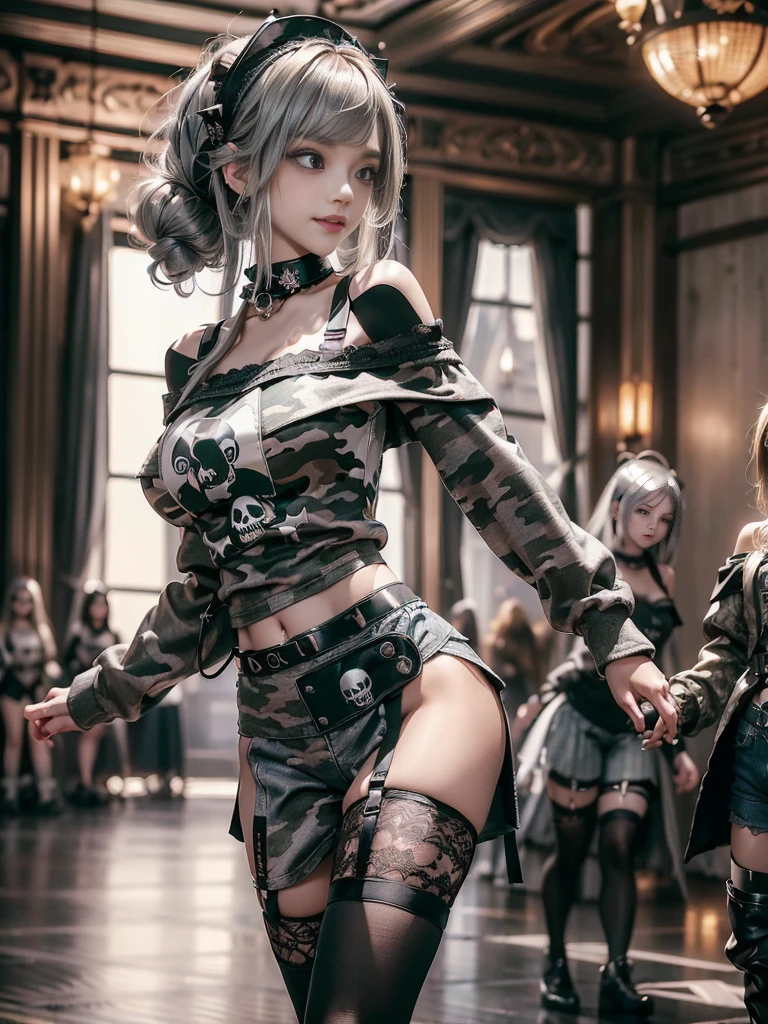 (Side view:1.1)、(Beautiful skin, lips and nose:1.4)、(Smiling with teeth showing:1.3),(Fashion Model:1.5)、(Gothic ta delicately decorated battle uniform:1.5)、(Moss green off-shoulder hoodie:1.5)、(Black, silver and white shorts:1.4)、(denim garter belt:1.5)、(Black and camouflage knee socks:1.3)、(Skull Silver Accessories:1.5)、(Lace collar:1.3)、(Brown Skin Belt:1.4)、(Brown boots:1.2)、(Underwear has polka dots:1.4)、23 years old、((Highest quality、In 8K、masterpiece:1.3))、Sharp focus:1.2、(Layered Cut、Huge boobs:1.1),Beautiful woman with perfect figure:1.4、(Dancing vigorously:1.3)、Slender Abs:1.2、Highly detailed face and skin texture、Detailed eyes、double eyelid,(Bob Hair:1.3)、(Brown-golden hair:1.3)、Gravure idol、(The background is a luxurious dance hall.:1.3)、(Slim body:1.2),(Make your legs thinner:1.4),(clavicle:1.1)