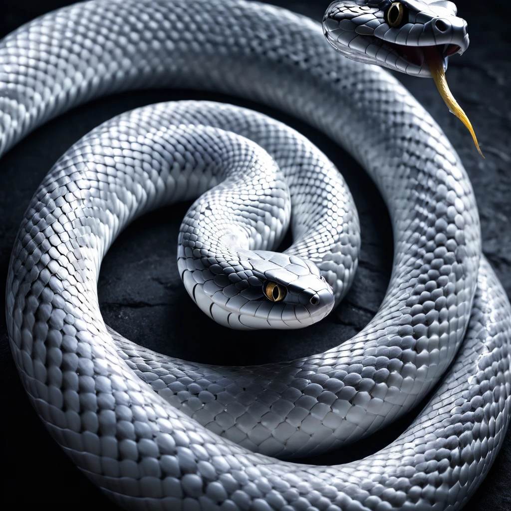 white snake, black background, cinematic lightning, high quality, detailed, photorealistic, 8k, award winning, dramatic lighting, striking composition, captivating atmosphere, ethereal, mystical, glowing snake eyes, coiled snake body, sinuous movement, dramatic shadows, moody tones, deep blacks, striking contrast