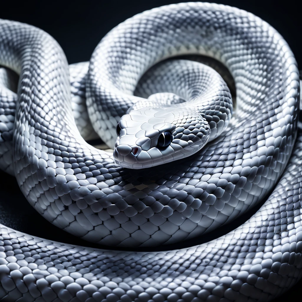 white snake, black background, cinematic lightning, high quality, detailed, photorealistic, 8k, award winning, dramatic lighting, striking composition, captivating atmosphere, ethereal, mystical, glowing snake eyes, coiled snake body, sinuous movement, dramatic shadows, moody tones, deep blacks, striking contrast