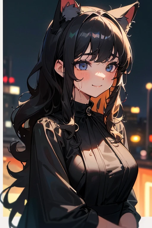 ((Night in the City、Highest quality、masterpiece、High resolution))、(((Zoom photo of upper body、Wet body、Wet Hair)))、(A shy smile:1.2)、15-year-old female、Beautiful Skin、Beautiful Eyes、Large Breasts、Cat Ear Headband、Black Dress、Black Hair、Wavy Hair、Shorn bangs