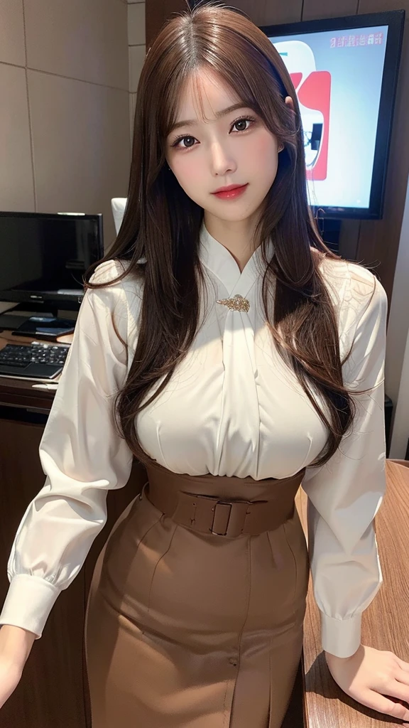 (((32k))), RAW Photos , (Highest quality, detailed:1.2),  (非常に繊細でdetailed), Ultra-high resolution, (((((Age 25, Sexy Gal, Taiwanese woman))))),  (((Big Breasts))), (((Tight waist))), (((Big Hips))), , One person, Elegant, Beautiful woman, Outstanding image quality,  非常にdetailedな顔, Perfect lighting, White skin, ((Long brown hair:1.4)), soft, Cute Smile, Bambi Face, Droopy eyes, Sexy lips, (news caster:1.2), Formal shirt, check Pencil skirt, 
