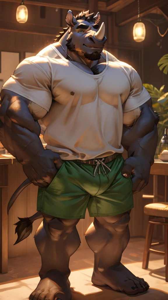 Big Rhinoceros Bara furry anthropomorphic muscular in white t-shirt green shorts 4k image 8k image resolution