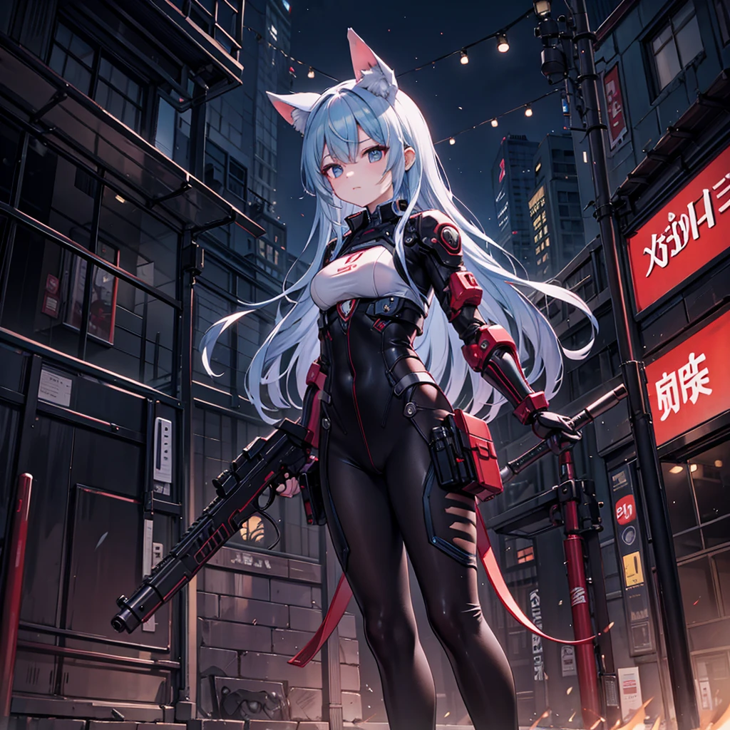 a woman with a gun on a city street, inspired by rossdraws, red waist-long hair, biomechanical oppai, | fine detail anime, red and cyan ink, alejandro burdiso style art, (neotokyo), g liulian art style, sexy :8, perfect android girl family