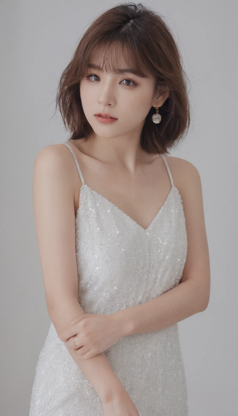 xxmixgirl, Analog Style, Eye focus, Highest quality, (Very detailed skin), Exquisitely beautiful white skin photos, 21 years old, Perfect Face, Captivating eyes, (Seductive makeup: 1.3), Skin pores, (Bokeh:1.5), Sharp focus, Dappled Lighting, (Backlight), White Fashion、Film Grain, (Very detailed, Exquisitely crafted), 8K, High resolution, Front view, Studio Light, Very detailed顔, Fine grain, (double eyelid: 1.4), Aristogle, Brown eyes, (commercial: 1.6), Medium length hair swaying in the wind, Beautiful brown hair,、bangs、 (Seductive makeup), ((White studio background: 2))