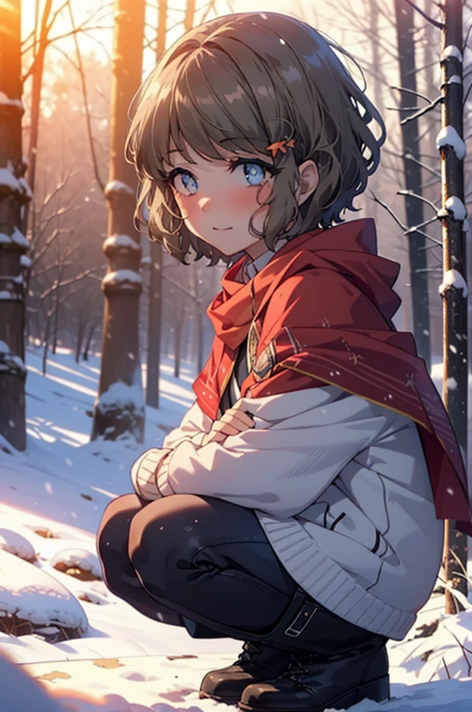 tomoekoga, Chie Koga, short hair, Brown Hair, blue eyes, hair band,smile,blush,White Breath,Medium Chest,
Open your mouth,snow,Ground bonfire, Outdoor, boots, snowing, From the side, wood, suitcase, Cape, Blurred, having meal, forest, White handbag, nature, Squat, Mouth closed, Cape, winter, Written boundary depth, Black shoes, red Cape break looking at viewer, Upper Body, whole body, break Outdoor, forest, nature, break (masterpiece:1.2), Highest quality, High resolution, unity 8k wallpaper, (shape:0.8), (Beautiful and beautiful eyes:1.6), Highly detailed face, Perfect lighting, Highly detailed CG, (Perfect hands, Perfect Anatomy),
