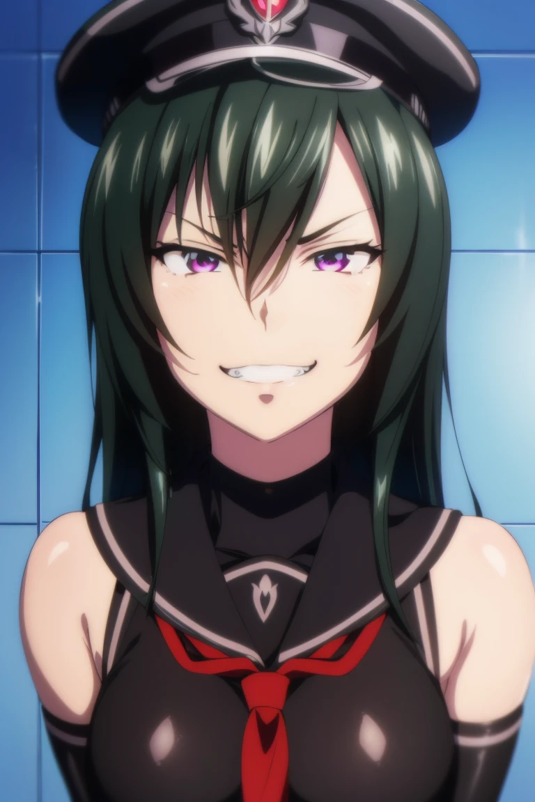 teenage girl, , (((grinning lasciviously))), seductive anime girl, (((nefarious smirk))), [[[[grinning evily]]]], beautiful, masterpiece, ultra detailed, extremely detailed, ultra high res, 8k, beautiful detailed face, anime screencap, heart shaped face woman, (black hair:1.2), long hair, hair between eyes, large breasts, fearless face, sharp face, slant eyes, cat eyes, 170cm tall, adult, perfect proportion, (((black high-leg leotard))), (((dare shoulder))), cleavage, (((thigh boots))), choker, (((military cap))), anime style, ultra detailed beautiful face and eyes, front view, raw phot, incredibly absurdres, Beautiful portrait of cute anime girls, super fine illustration, full-hd, hdr, best aesthetic, distinct, exquisite, masterwork, by famous artist, highers, (((perfect anatomy))), mocking, (((rape face))), (((evil grin))), intense eyes, sadistic, gleaming skin, oil skin, slut face, full-face blush, smirking, mischievous grin, furrowed mouth, both legs, pouty lips, downturned corners, rosy hue, grin widely, cheeky smirk, (((bad-tempered glare))), gloating, crazy smile, scary face, cruel smile, fang, connected teeth,, (((elbow gloves))), (((big connected teeth)), glare, grimace, smirk, (((scowling face))), smile broadly, symmetrical eyes, even eyes, perfect eyes, (((squinting eyes))), deep detailed eyes, shiny clothes, 1girl, solo, smug, smile grimly, (((dimpled smile))), pink eyes, (((upper body shot))), (((laugh))), (((pleasure face))), (((brutality face))), (((scary face))), (((empty eyes))), anime best girl, [[[[grinning evily]]]], anime moe artstyle, looking at viewer,　standing,　clenched teeth,　turtleneck, breast hold,　from above, leaning forward, depth of field,　shiny clothes, covered collarbone, adult face, perfect hands, perfect fingers, perfect face, upper body shot,