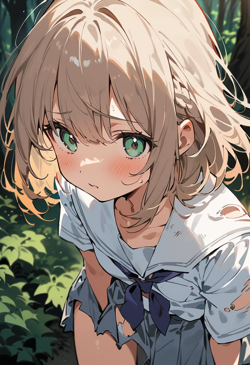 beautiful detailed girl,(masterpiece,best quality,extremely detailed:1.2),((cowboy shot:1.1)),(solo,10 years old,kawaii,slender,small breasts:1.25),(pained look:0.8),((white underwear) in ((Torn school uniform)):2),(dirty:2),blush,shy,weep,standing,(deep forest:1.5),(hug:0.4),rating: general, newest,Sexy face,(primitive:1.1)