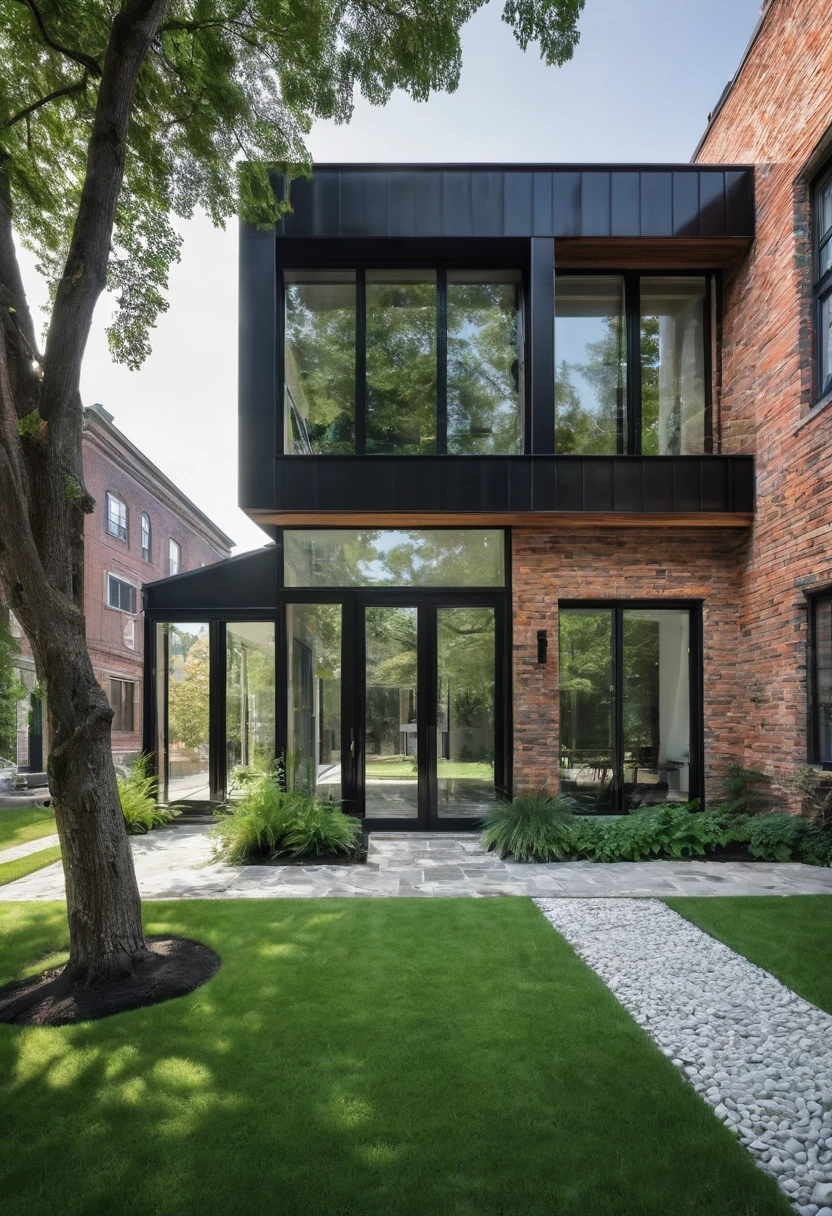 RAW format photography, N i k o n D 7 5 0 0 + A F - S D K, in a sunny and happy day that envelops the house and most of the condominium, industrial style. Imagine an industrial house, with glass walls divided by a massive black iron structure, English brick walls, real grass in front of the house. Two Elm trees on the side of the main entrance. Stone floor up to the main entrance. Create houses in the background as if it were a condominium.