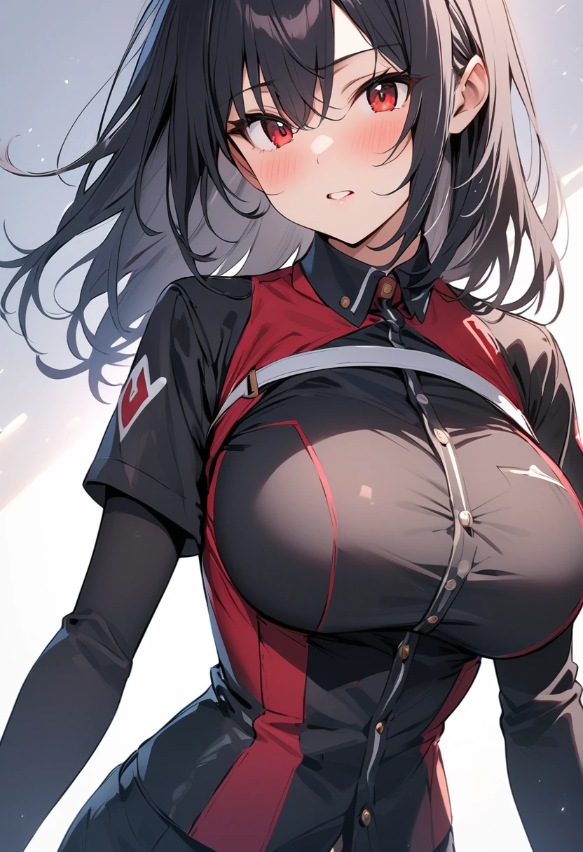 masterpiece、Highest quality、Best image quality、High resolution、Big Breasts、Black Hair、Red eyes、Shortcuts、Black Uniform、Unbranded uniform