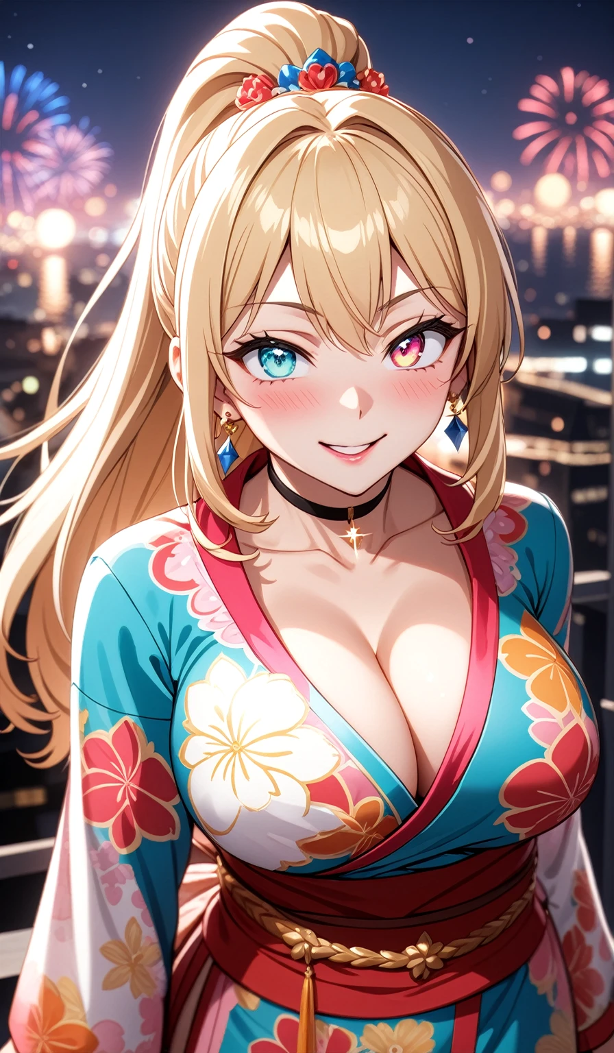 ((One personの女性)), Beautiful Face, ((eye focus)),Laughing embarrassedly,((Wink:1.9)),Laugh with your mouth wide open((Bright red cheeks:1.4)),Glossy pink lips,night,rooftop,Festive decorations,You can see the ocean, firework,Laughing with your mouth open,Glossy pink lips,Facial lighting,((Anime style background)),masterpiece, Highest quality, so beautiful,up to date, Complex details, (Pink long nails),(ring),(bracelet),(choker),AI-generated, Complex,High resolution, Highest quality, super high quality,3D Images、3D Images,One person,Long blonde hair,High Ponytail,(turquoise blue eyes),Anime woman posing for a photo, ((Fine grain、Colorful eyes、Shining Eyes:1.4)),(Squint your eyes:1.1),a hyperRealistic , hyperRealistic , Realistic,Anime woman with long white hair, Smooth anime CG art, A woman in a colorful kimono with gold embroidery, (Pink long-sleeved kimono),Red floral pattern,Long flower hair ornament,big floral earrings,Mature Body,(Big Breasts:1.1),expensive,Abdominal muscles,Tight waist,(Face Zoom:2.0),Photographed from the front