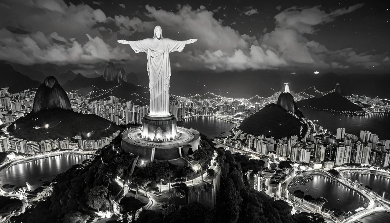 Reality,4K,8K, Vibrant and colorful night scenery ,Brazil,Rio de Janeiro,Christ the Redeemer ,grayscale