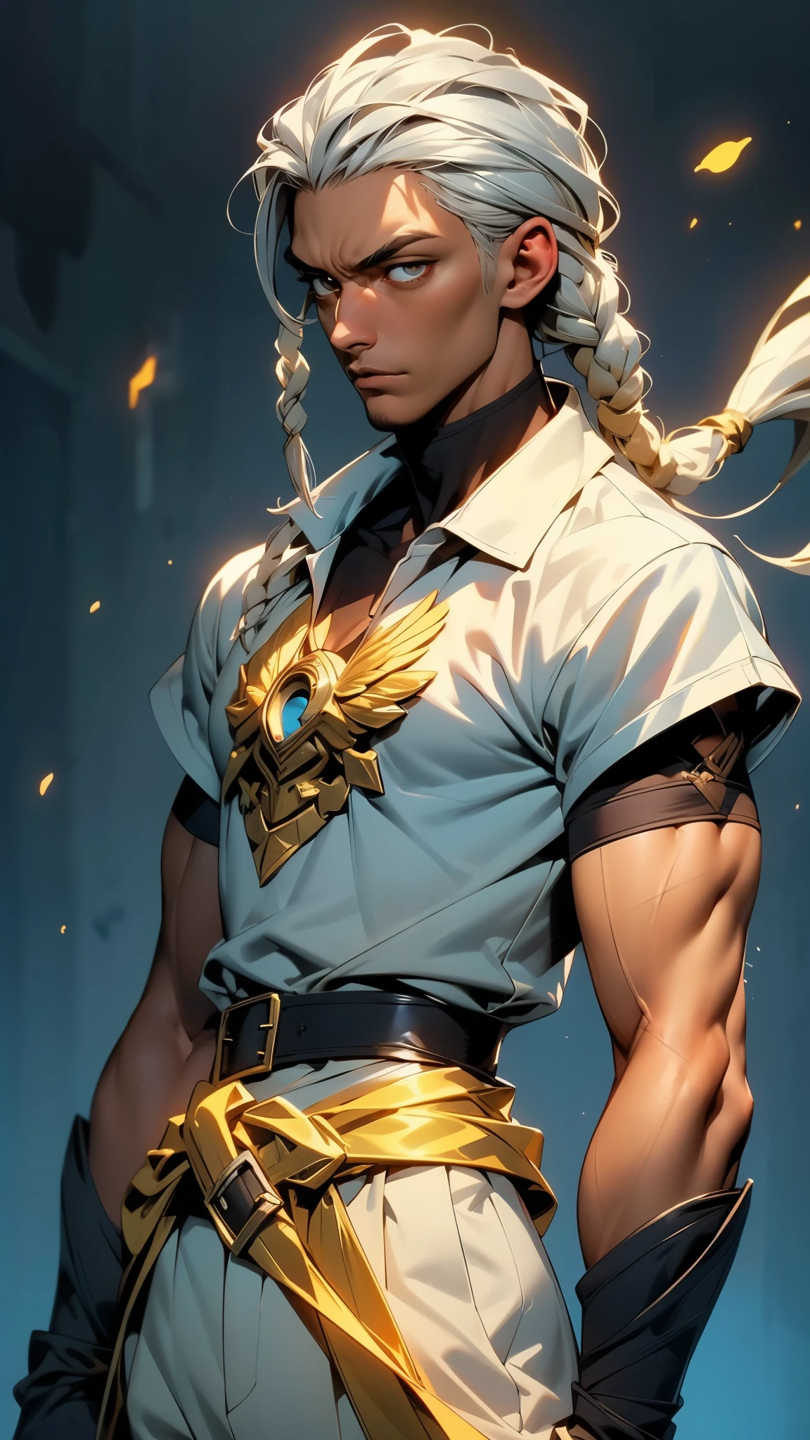 A young man with long white dreadlocks, dark skin, a melancholic expression, drooping eyelids and eyebrows, a lean face, a thin yet sturdy build, a tattered and ill-fitting light blue fantasy-style adventurer's shirt with short sleeves, revealing his abs, a silver breastplate on his left chest, a large sword is strapped to his back, a yellow belt, white coarse cloth trousers, stands nervously in a fantasy-style western town, this character embodies a finely crafted fantasy-style adventurer in anime style, exquisite and mature manga art style, dramatic, high definition, best quality, highres, ultra-detailed, ultra-fine painting, extremely delicate, professional, perfect body proportions, golden ratio, anatomically correct, symmetrical face, extremely detailed eyes and face, high quality eyes, creativity, RAW photo, UHD, 32k, Natural light, cinematic lighting, masterpiece-anatomy-perfect, masterpiece:1.5