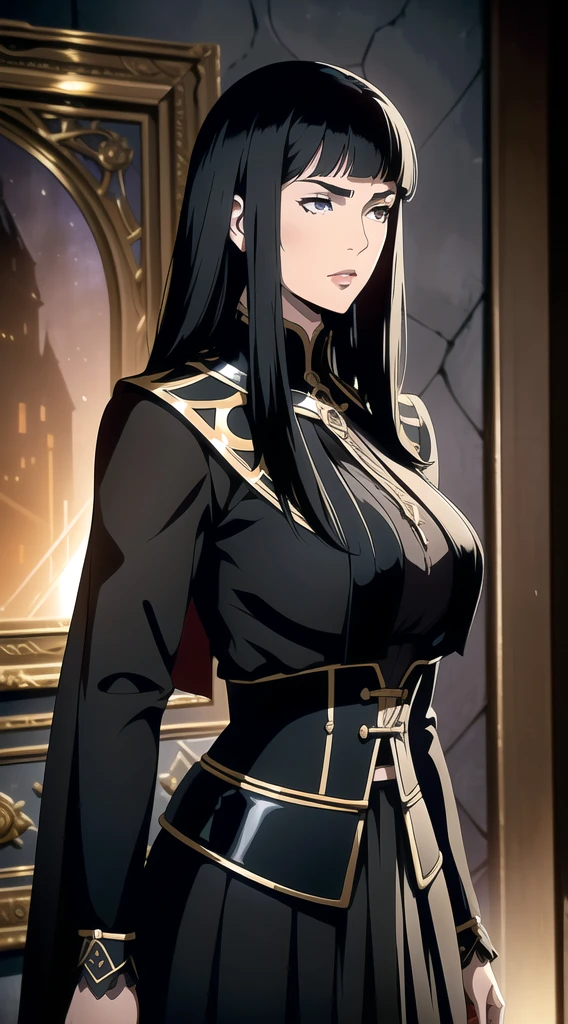 (One Person), (Masterpiece, Best Quality), (A Gorgeous 25 Years Old Female), (long straight black hair with fringe bangs above the eyebrows), (black Eyes), (Fair Skin), (Wearing women's black medieval clothing dress Outfit with and Corsets), (medieval castlevania City Road at Day), (Dynamic Pose), Centered, (Half Body Shot:1.4), From Front Shot, Insane Details, Intricate Face Detail, Intricate Hand Details, Cinematic Shot and Lighting, Realistic and Vibrant Colors, Masterpiece, Sharp Focus, Highly Detailed, Taken with DSLR camera, Depth of Field, Realistic Environment and Scene, Master Composition and Cinematography
