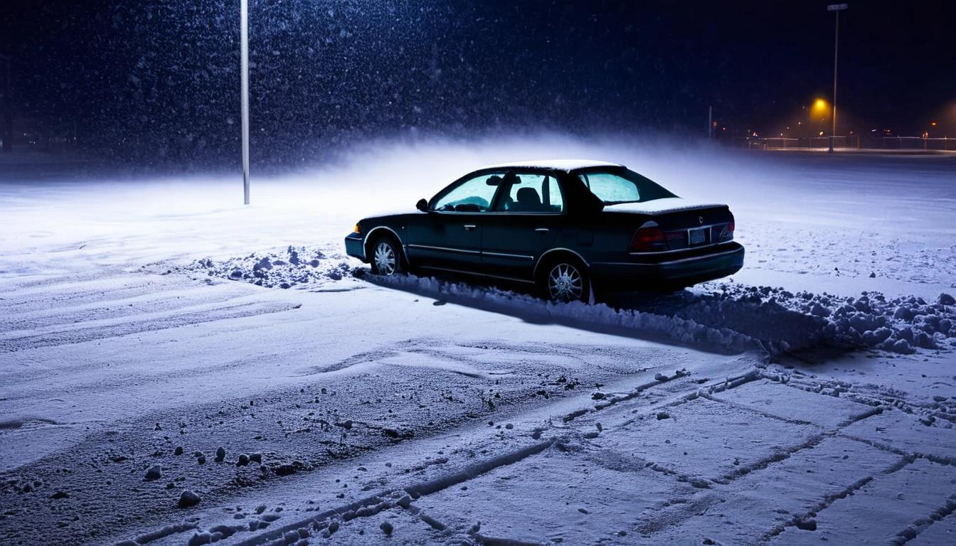 lonely car in parking lot, blizzard, fallen snow, dark night, eerie environment
