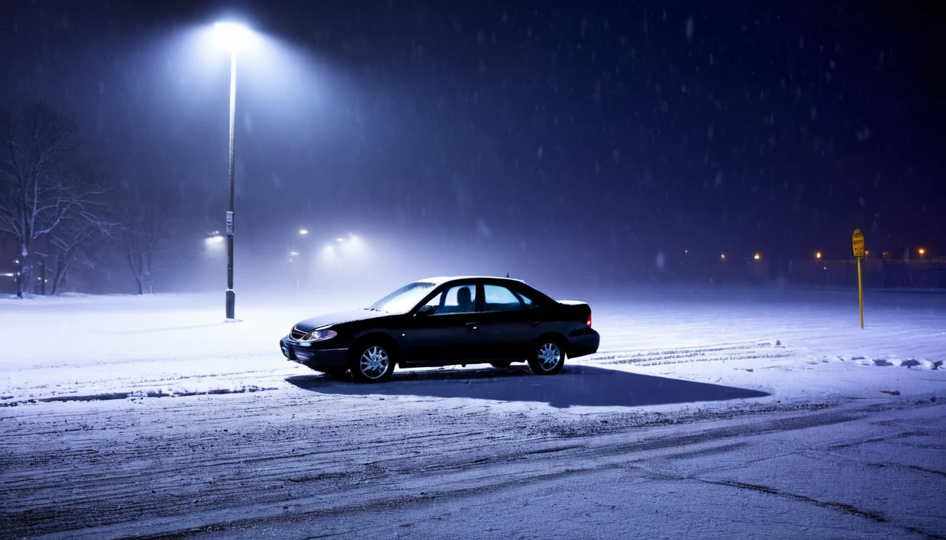 lonely car in parking lot, blizzard, fallen snow, dark night, eerie environment