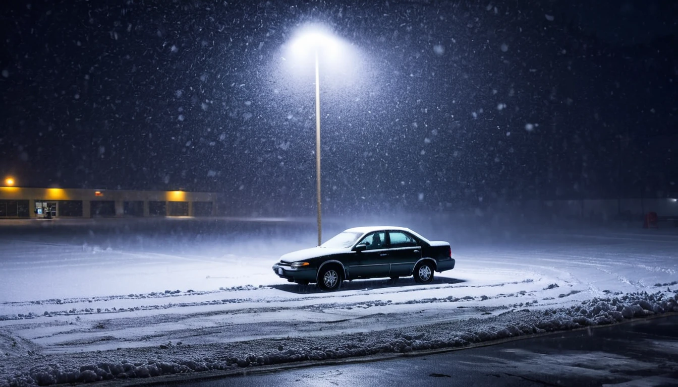 lonely car in parking lot, blizzard, fallen snow, dark night, eerie environment