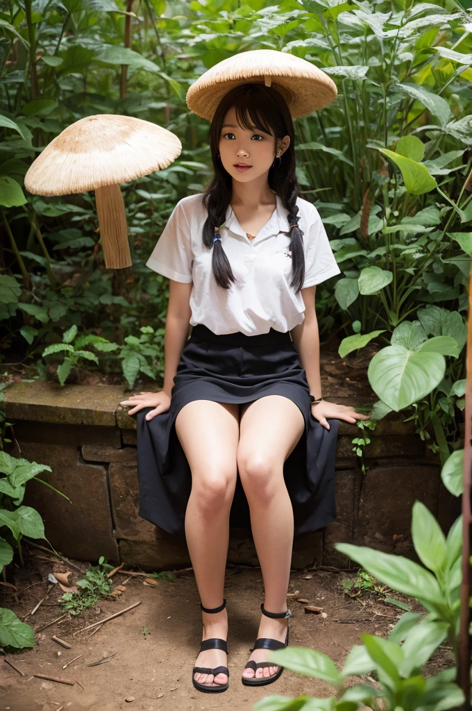 Mushrooms growing from between the legs, girl, 