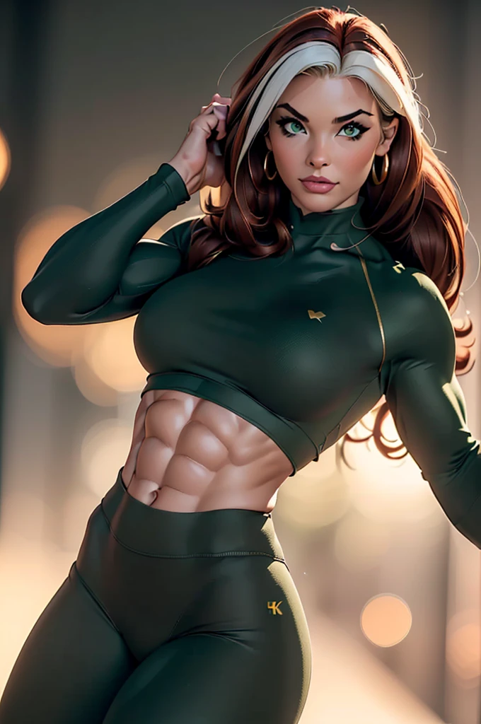 masterpiece:1.0), (best_quality:1.2), Classic Rogue, 1991 Rogue X-Men, ((1 girl)), head to ground view, (candid), still pose, sweaty, towel around neck, ((clothing: green yoga pants, cropped top with long sleeveedium length hair, auburn hair, one lock of white hair, ponytail, green eyes, mischievous look, smirk, parted lips, fit figure, massive breasts:1.5, ((((huge muscles))))no makeup, gold earrings, backlit, (realism: 1.5), (Realistic: 1.4), (Absurdity:1.4), 8k, ultra-detailed, (background: high tech gymnasium), official art, extremely detailed CG unity 8k wallpaper, perfect lighting, Colorful, ultra high res, photography, 8K, HDR, Kodak portra 400, film grain, blurry background, (bokeh:1.2), (vibrant_color:1.2), film grain:1.2, (warm hue, warm tone:1.2), (color photo), professional photograph