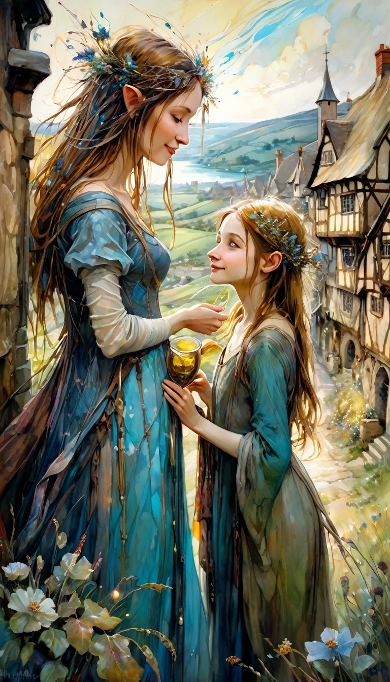 a woman and a girl pass a luxurious glass from one to another happy, joy, medieval village in landscape view (art inspired by Brian Froud and Carne Griffiths and Wadim Kashin, intricate details, oil painting)