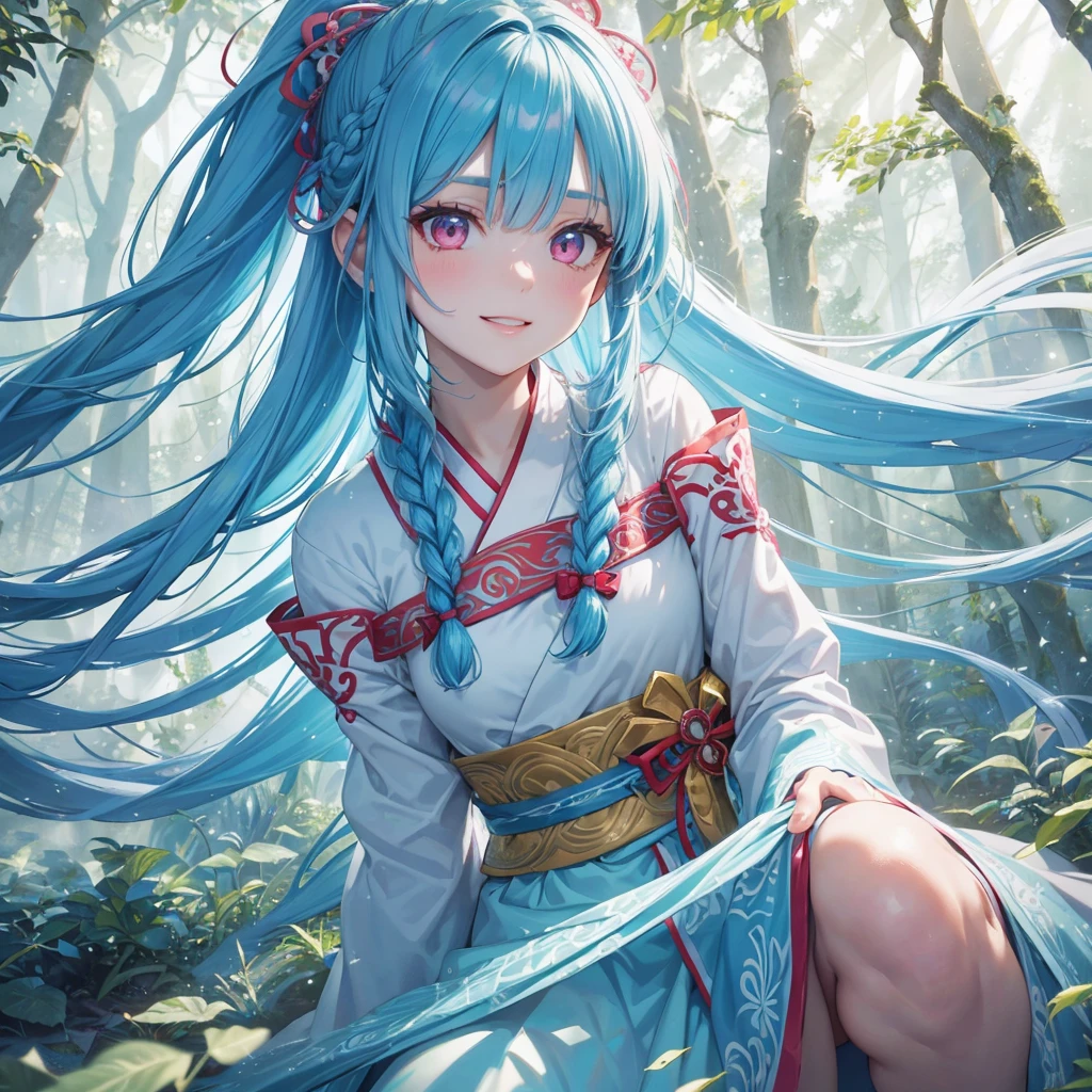 sky Blue hair, (braided ponytail),(pink eyes),fair skin ,(full body),1 girl,happy smile,white red kimono,Fresh green forest,Forest Goddess,Straight Bangs,(masterpiece, best quality, ultra-detailed, best shadow), (detailed background), (beautiful detailed face), high contrast, (best illumination, an extremely delicate and beautiful), ((cinematic light)), colorful, hyper detail, dramatic light, intricate details,guardian of the forest,Leaf Blizzard,