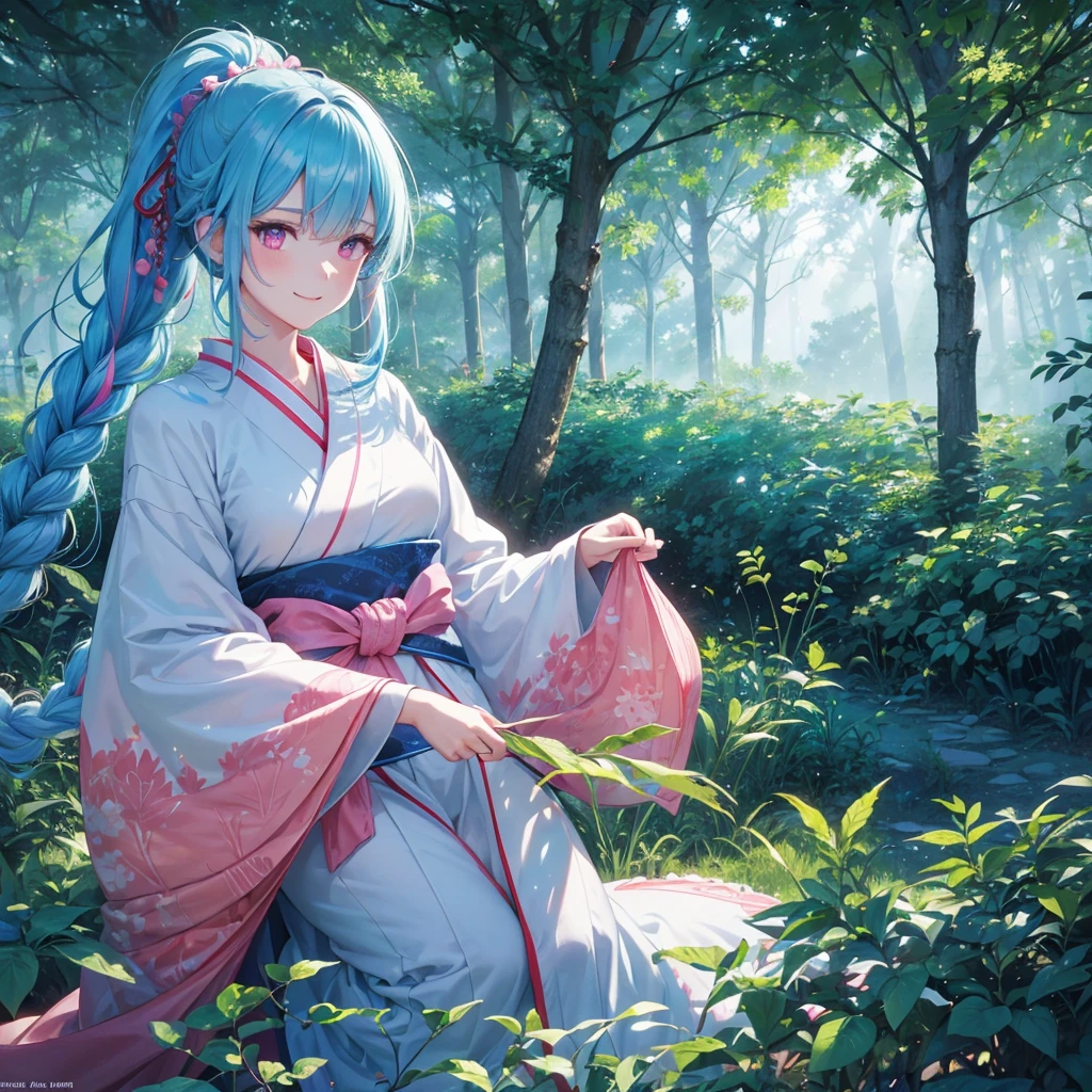 sky Blue hair, (braided ponytail),(pink eyes),fair skin ,(full body),1 girl,happy smile,white red kimono,Fresh green forest,Forest Goddess,Straight Bangs,(masterpiece, best quality, ultra-detailed, best shadow), (detailed background), (beautiful detailed face), high contrast, (best illumination, an extremely delicate and beautiful), ((cinematic light)), colorful, hyper detail, dramatic light, intricate details,guardian of the forest,Leaf Blizzard,