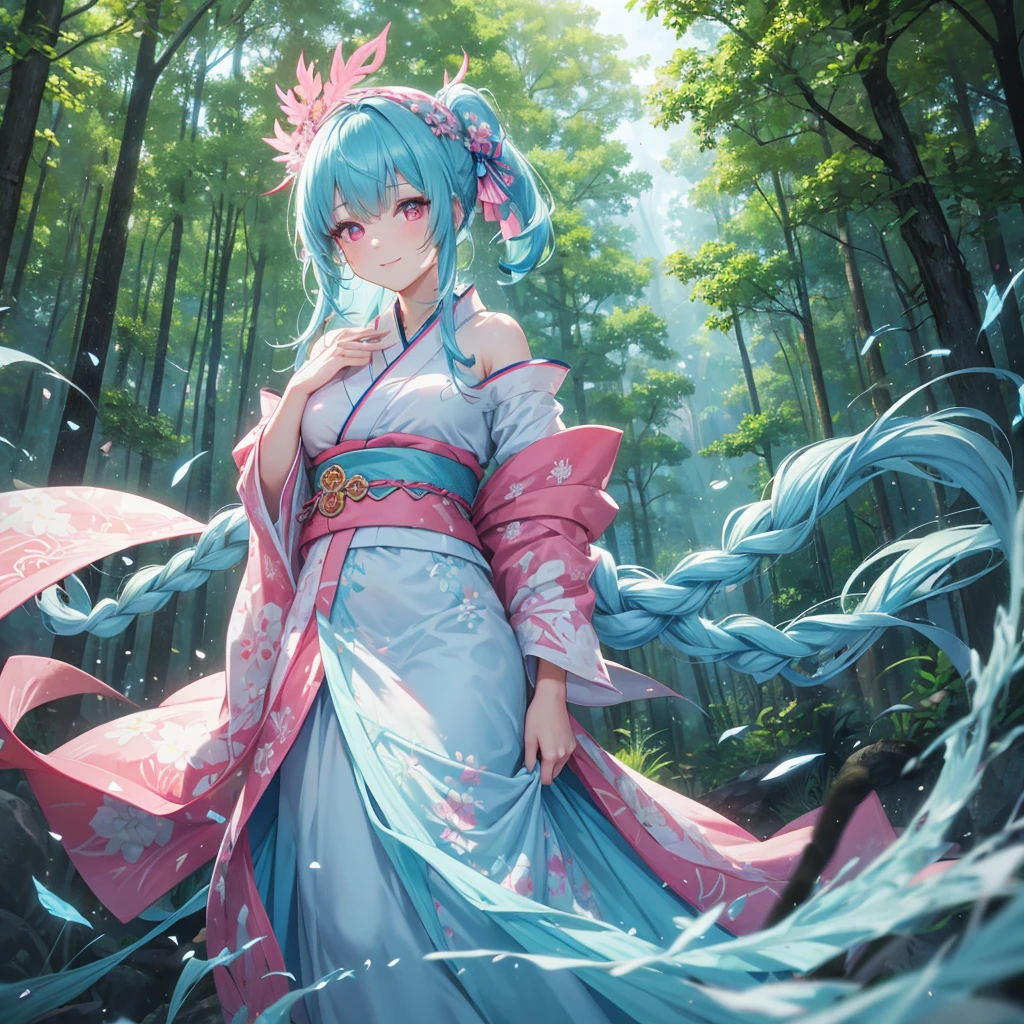 sky Blue hair, (braided ponytail),(pink eyes),fair skin ,(full body),1 girl,happy smile,white red kimono,Fresh green forest,Forest Goddess,Straight Bangs,(masterpiece, best quality, ultra-detailed, best shadow), (detailed background), (beautiful detailed face), high contrast, (best illumination, an extremely delicate and beautiful), ((cinematic light)), colorful, hyper detail, dramatic light, intricate details,guardian of the forest,Leaf Blizzard,