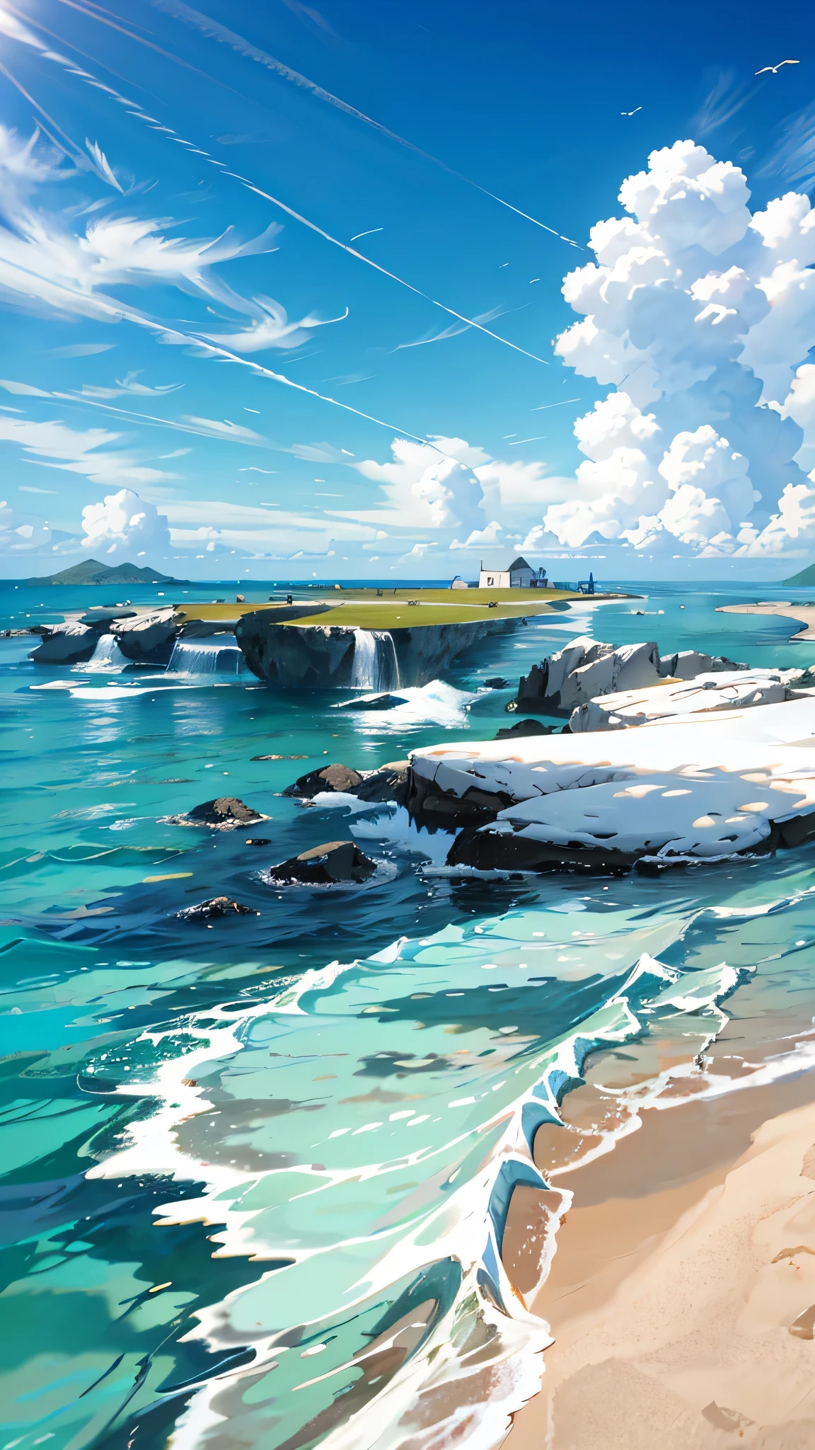 surreal scene, ,blue sky background, water, Sunlight, low angle view, HD 8K,