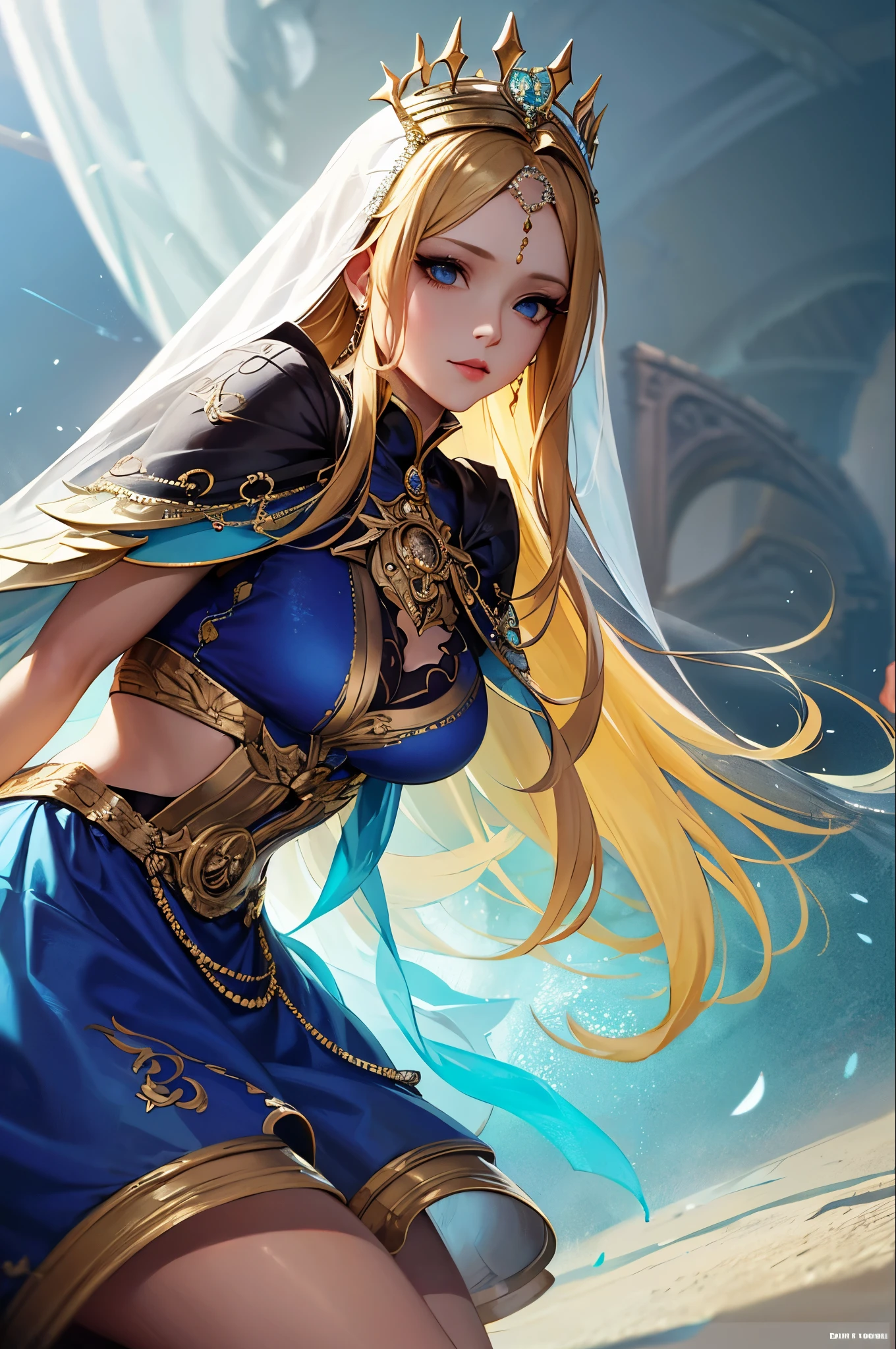 Wearing a blue dress and a veil、Blonde woman with a veil on her head, Beautiful fantasy maiden, Detailed fantasy art, Beautiful fantasy art, Blonde Princess, Art Station pixiv's artgerm, Beautiful maiden, ((Beautiful Fantasy Empress)), 2. 5d cgi anime fantasy artwork, Fantasy art style, Detailed digital anime art, Fantasy Art