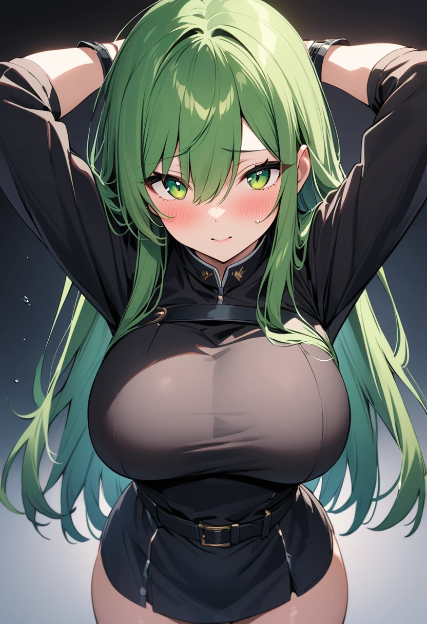 masterpiece、Highest quality、Best image quality、High resolution、Big Breasts、Green Hair、Green Eyes、Long Hair、Black Uniform、Unbranded uniform