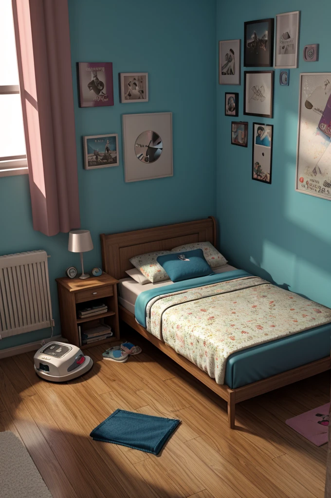 Moody, filmic style, 35mm, A cluttered bedroom with an alarm clock on the floor, clothes scattered everywhere.3D animation disney inspired 