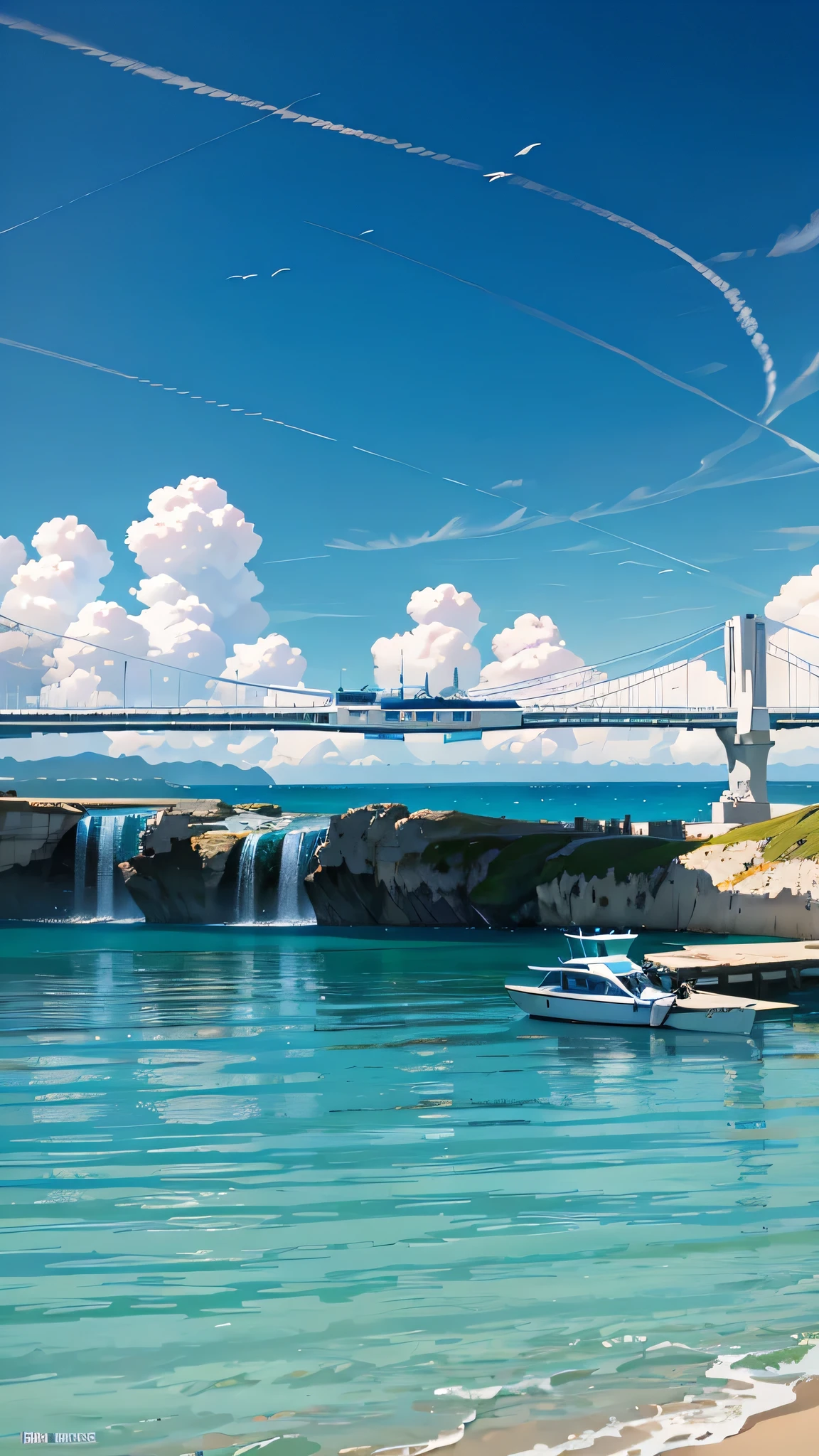 surreal scene, ,blue sky background, water, Sunlight, low angle view, HD 8K，