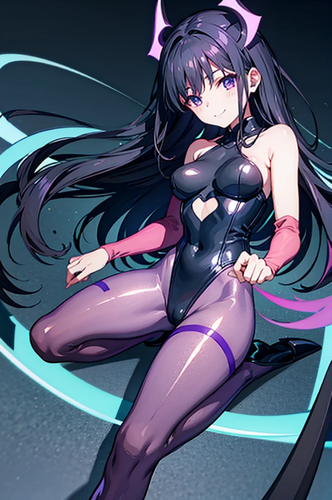 Highest quality Highest quality Draw a face carefully High-definition anime-style face Super Glowing Skin Long black hair Black leotard Purple pantyhose Succubus lure smile sit